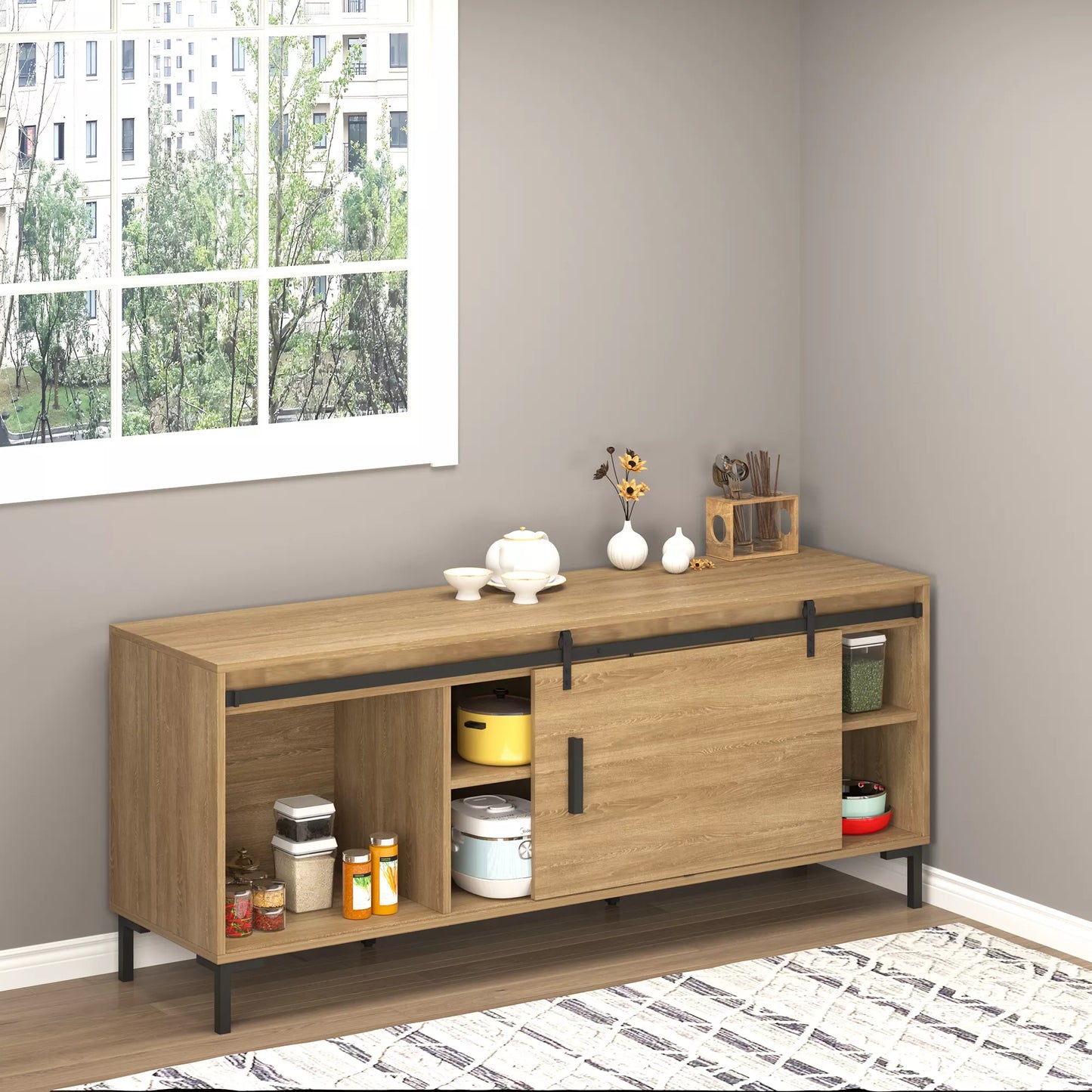 200 cm stumdomųjų durų komplektas su grindų kreipiančiąja, bėgeliais, voleliais, stumdomųjų durų sistema vienoms medinėms stumdomoms durims