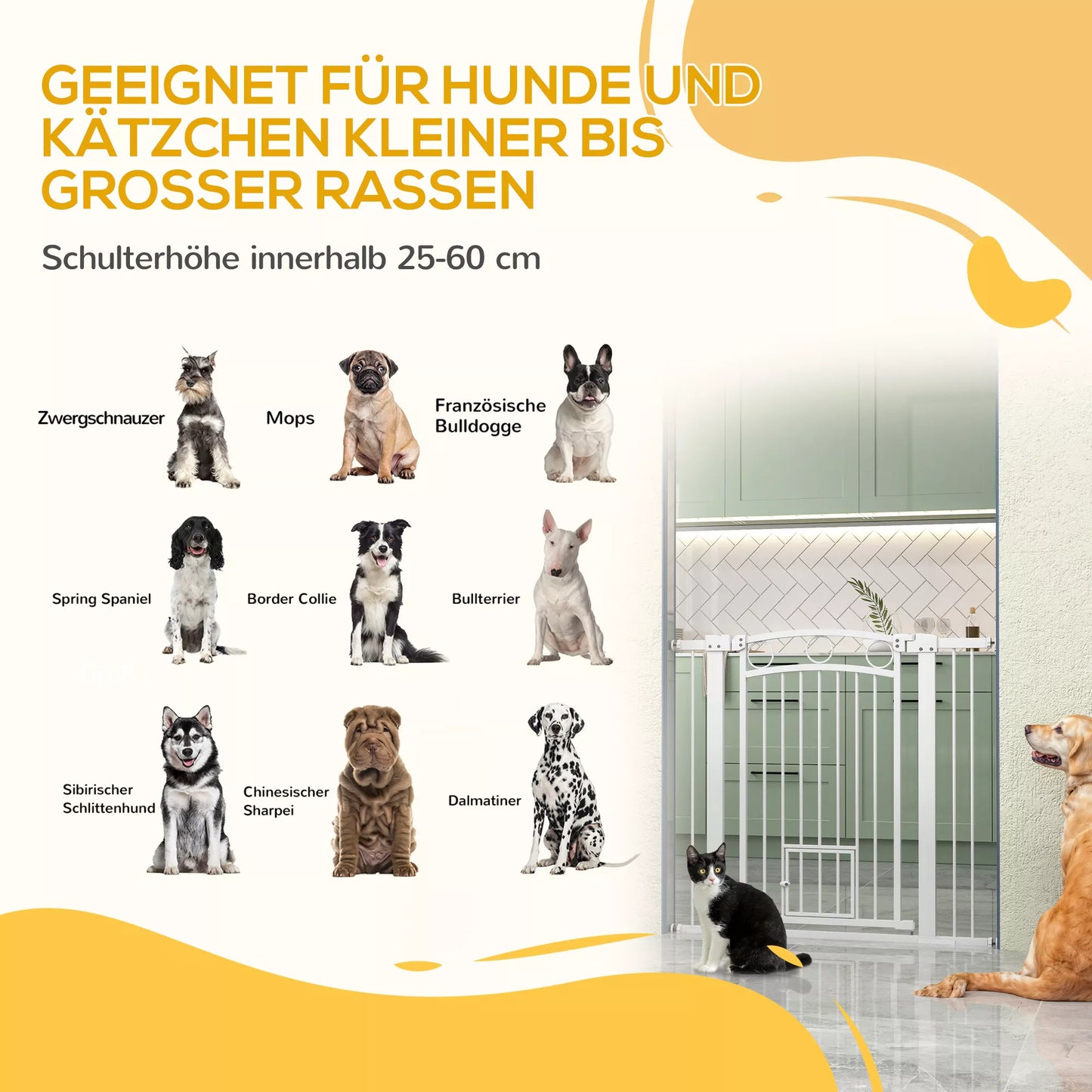 Naminių gyvūnėlių varteliai, 96 cm, apsauginiai varteliai laiptams, reguliuojamas plotis 76–104 cm, su katės durelėmis, skirti laiptams ir durų angoms, balti