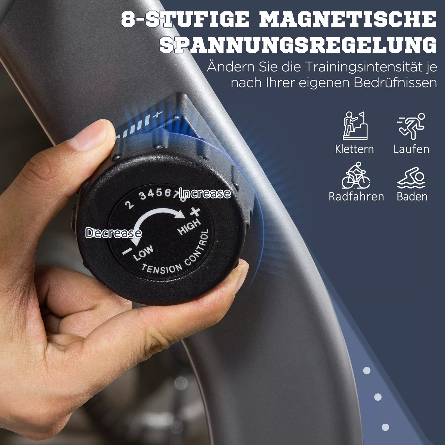 Gulimasis treniruoklis su LCD ekranu, 8 pakopų reguliuojamas magnetinis pasipriešinimas, gulimas namų treniruoklis su širdies ritmo sensoriais, reguliuojama atlošo atrama, naudotojo svoris iki 110 kg, skirtas namų sporto salei