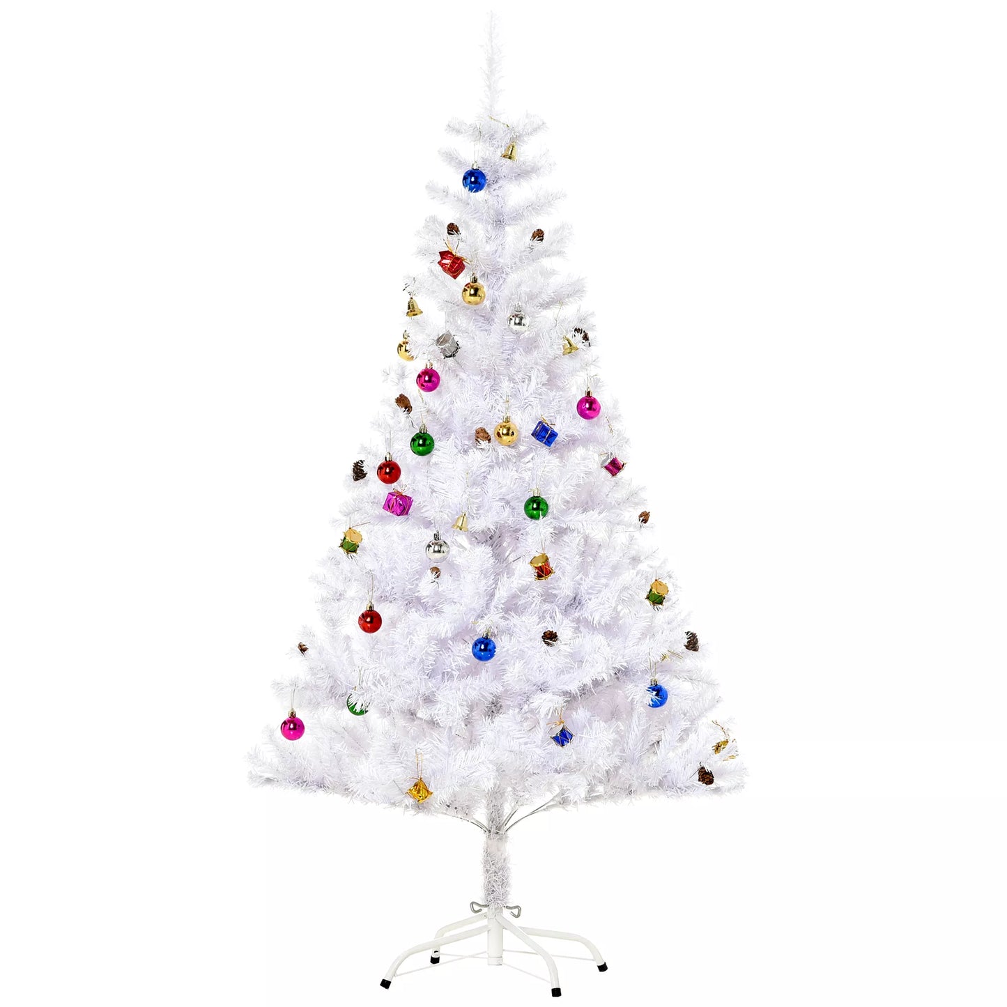 Dirbtinė Kalėdų eglutė 150 cm, dirbtinis medis su rutuliukais, varpeliais, būgneliais, dovanų dėžutėmis, Kalėdų eglutė su 680 šakelių, 12 pušies kankorėžių, Kalėdinė puošmena su metaliniu stoveliu, skirta naudoti viduje