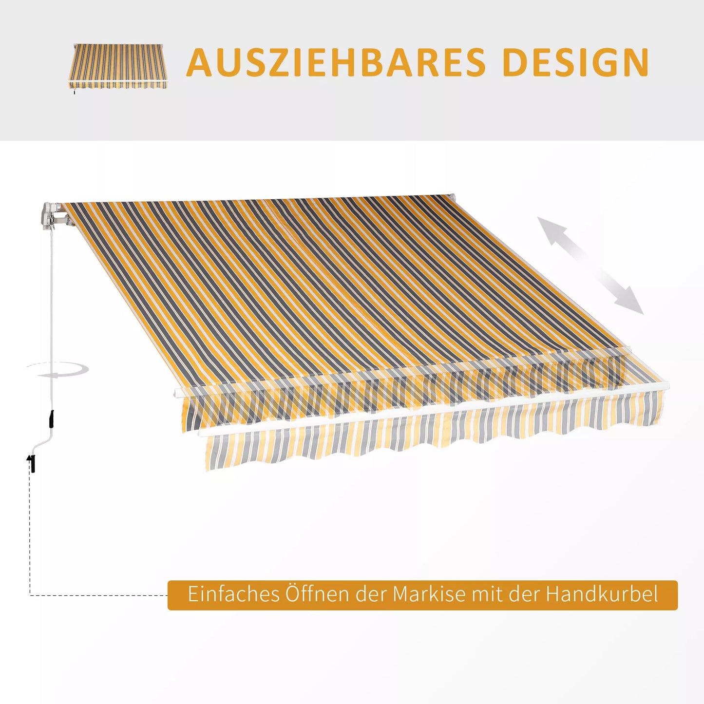 Markizė su alkūne, apsauga nuo saulės, rankine pavara, skirta balkonui, aliuminio, geltonos ir pilkos spalvos, 2,95 x 2,45 m