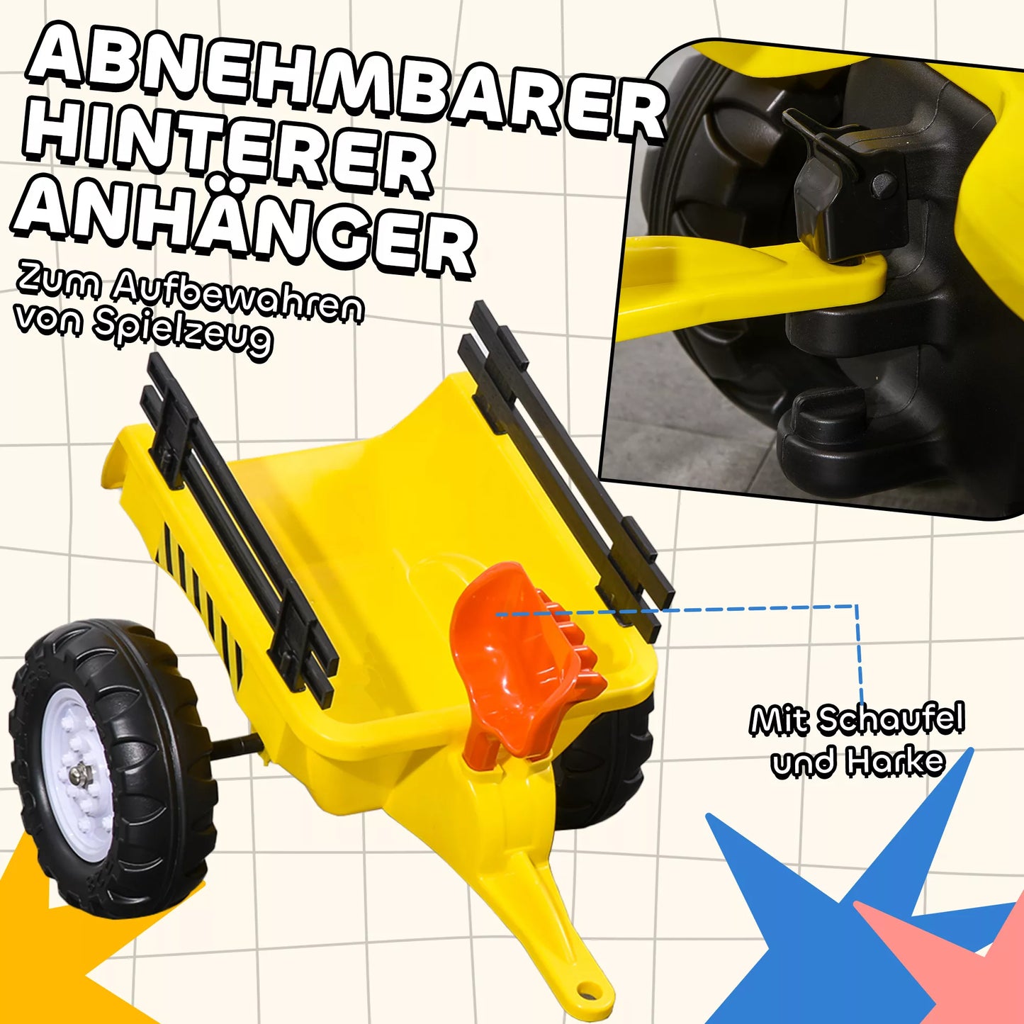 Pedalinis traktorius su priekaba, įrankiai, garso signalas, vaikams nuo 3 metų, metalinis rėmas, juodai-geltonas, 133 x 42 x 51 cm