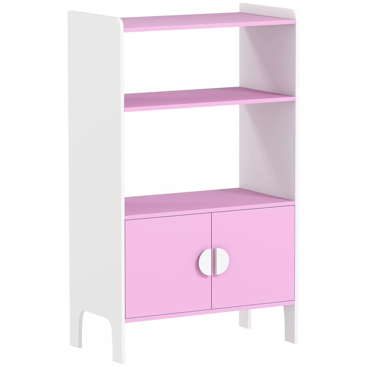 Vaikiška knygų lentyna, 2 lentynos, 2 spintelės, laisvai pastatoma, apsaugos nuo apvirtimo dizainas, neslystančios kojelės, MDF, Rožinė+Balta