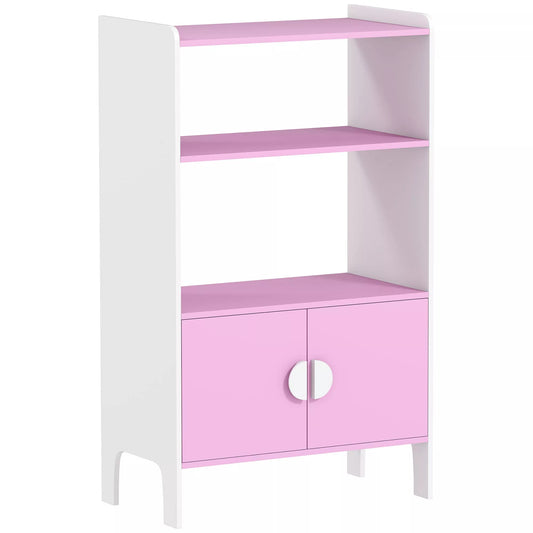 Vaikiška knygų lentyna, 2 lentynos, 2 spintelės, laisvai pastatoma, apsaugos nuo apvirtimo dizainas, neslystančios kojelės, MDF, Rožinė+Balta