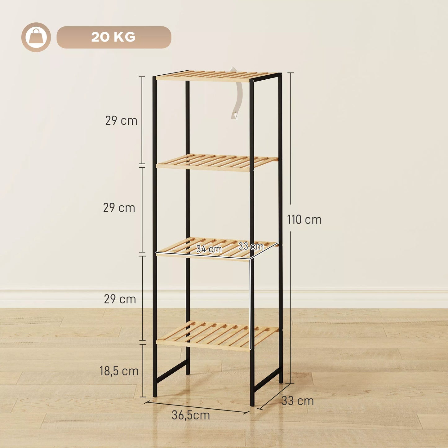 Pastatoma lentyna, 4 aukštų vonios lentyna, knygų lentyna, bambukas ir plienas, 36,5x33x110 cm, natūrali