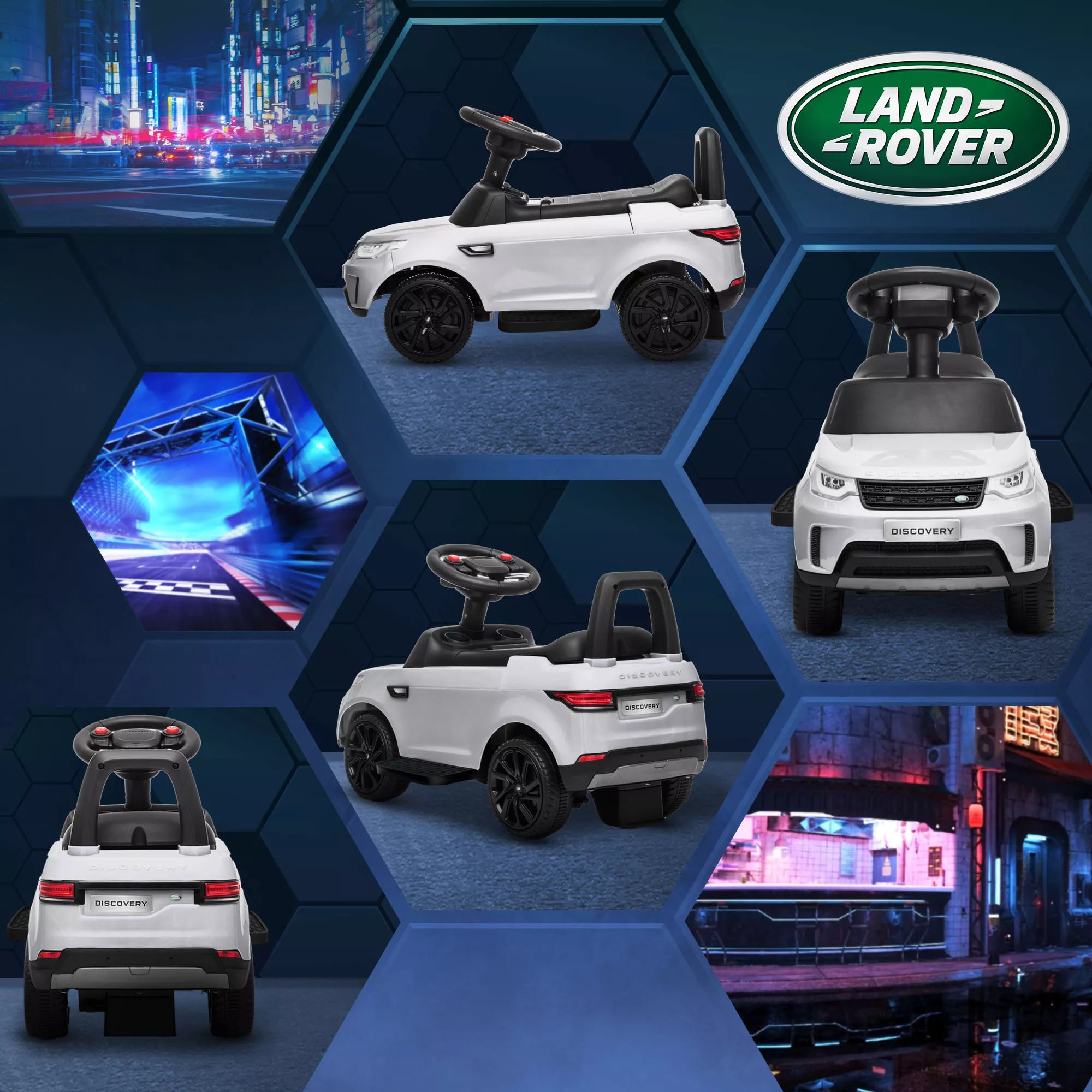 Elektrinis vaikų automobilis 6 V, „Land Rover“, važiavimo/stumimo režimas, žibintai, muzika, baltas
