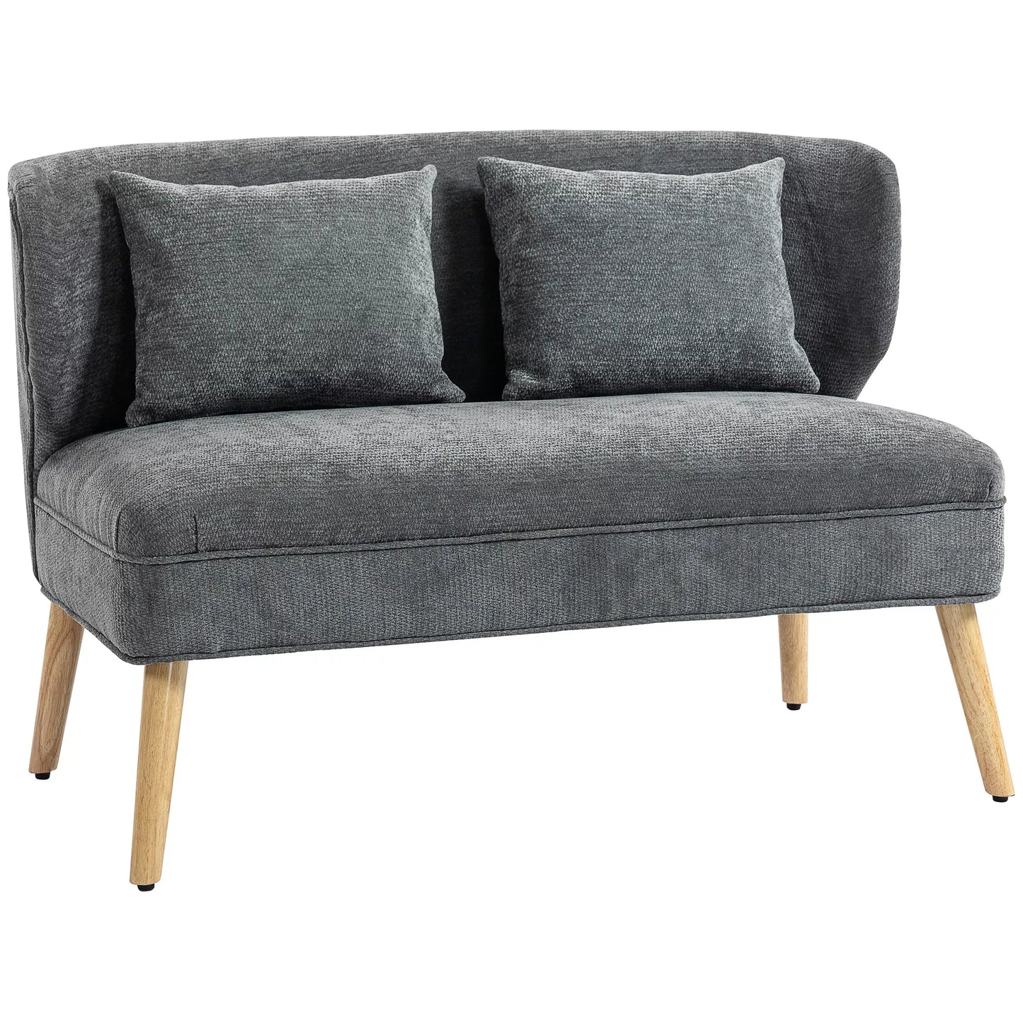 Dvivietė sofa svetainei su sparnuotu atlošu, minkštasuoli, šenilas ir mediena, 126x75x79 cm, pilka