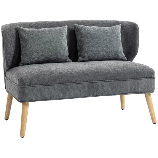 Dvivietė sofa svetainei su sparnuotu atlošu, minkštasuoli, šenilas ir mediena, 126x75x79 cm, pilka