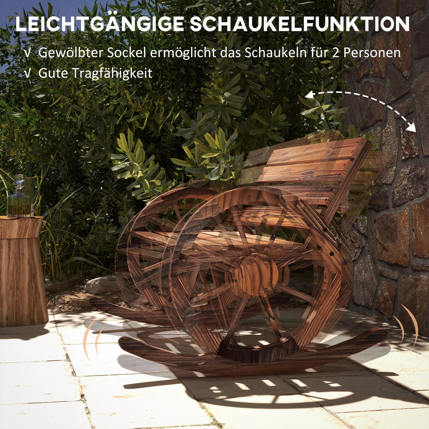 Sodo sūpynės su atlošiamais atlošais, 2 vietos, su ratų formos porankiais, balkonui, sodui, terasai, karbonizuotos.