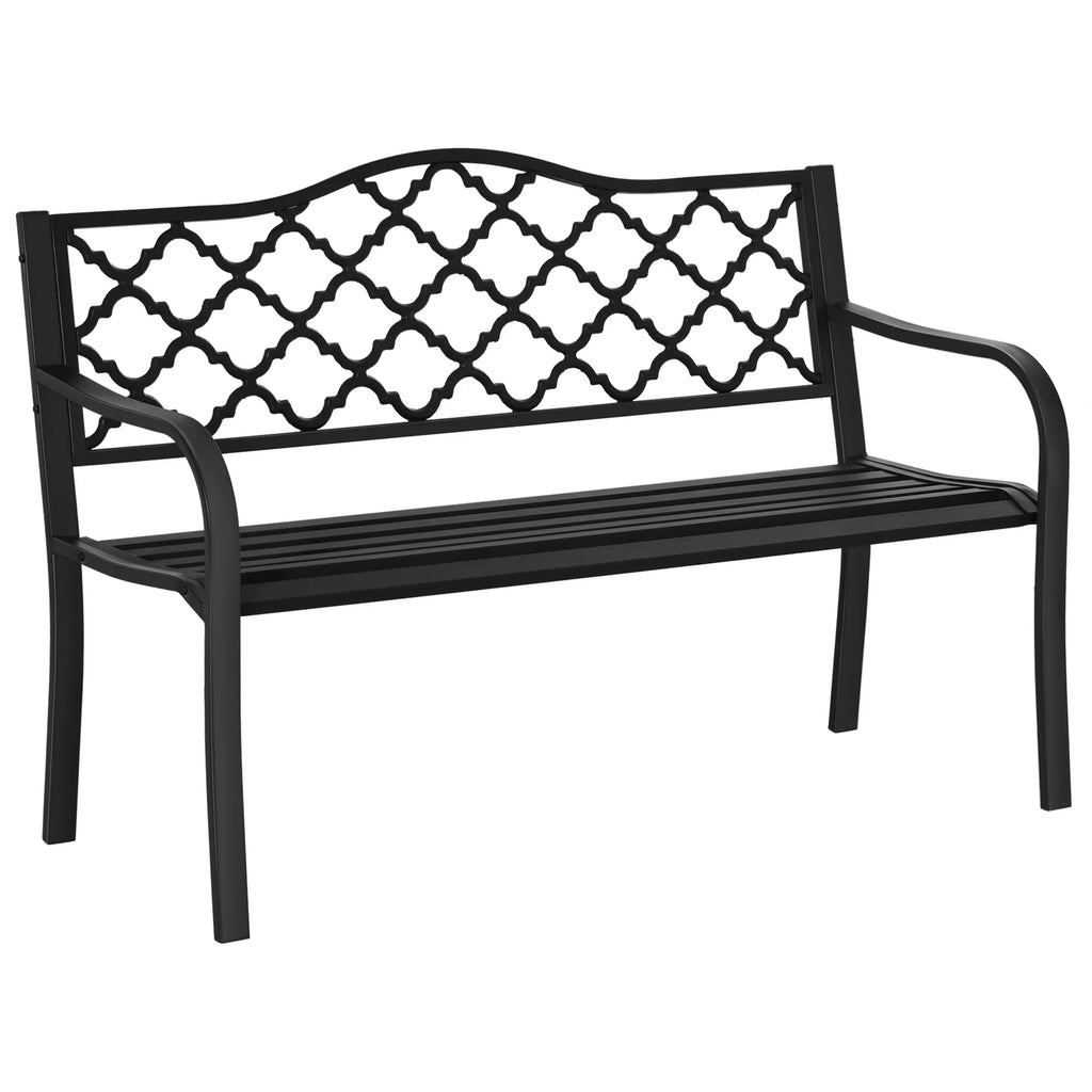 Sodo suolas 2 vietų metalinis parko suolas Suolas iki 240 kg Suolas Terasos suolas su atlošais ir porankiais Sodo baldai Ketus Juodas 128 x 58,5 x 89 cm
