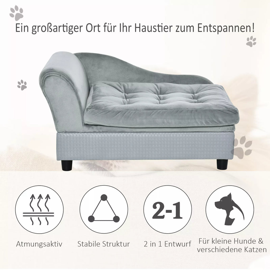 Naminių gyvūnų sofa su daiktų laikymo vieta, minkšta pagalvė, iki 15 kg apkrova, pliušinis apmušalas, kietmedžio rėmas, šviesiai pilka spalva