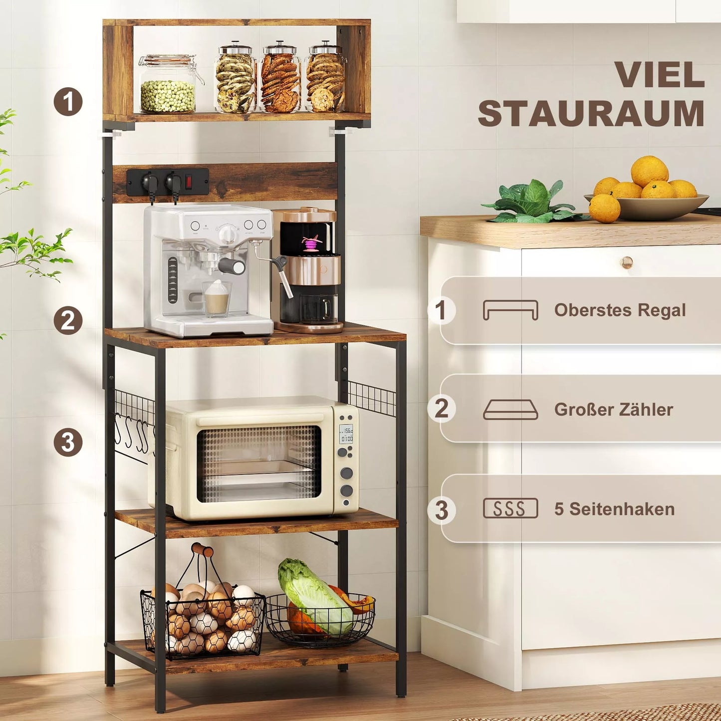 Virtuvės lentynos, stovas su 5 S formos kabliais, 5 lentynomis, rozete, pagamintas iš plieno, rusvos spalvos, 60 x 42 x 153 cm