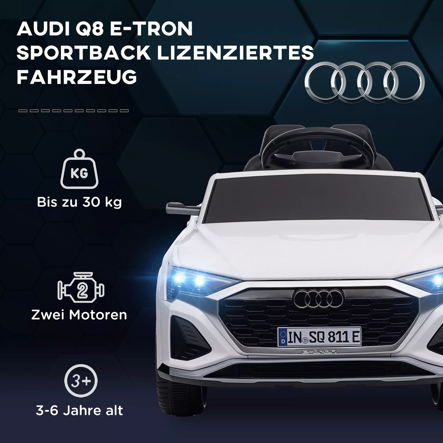 Elektrinis vaikiškas automobilis, 12V Audi Q8, 3-5 km/h, su nuotolinio valdymo pultu, žibintais, muzika, baltas