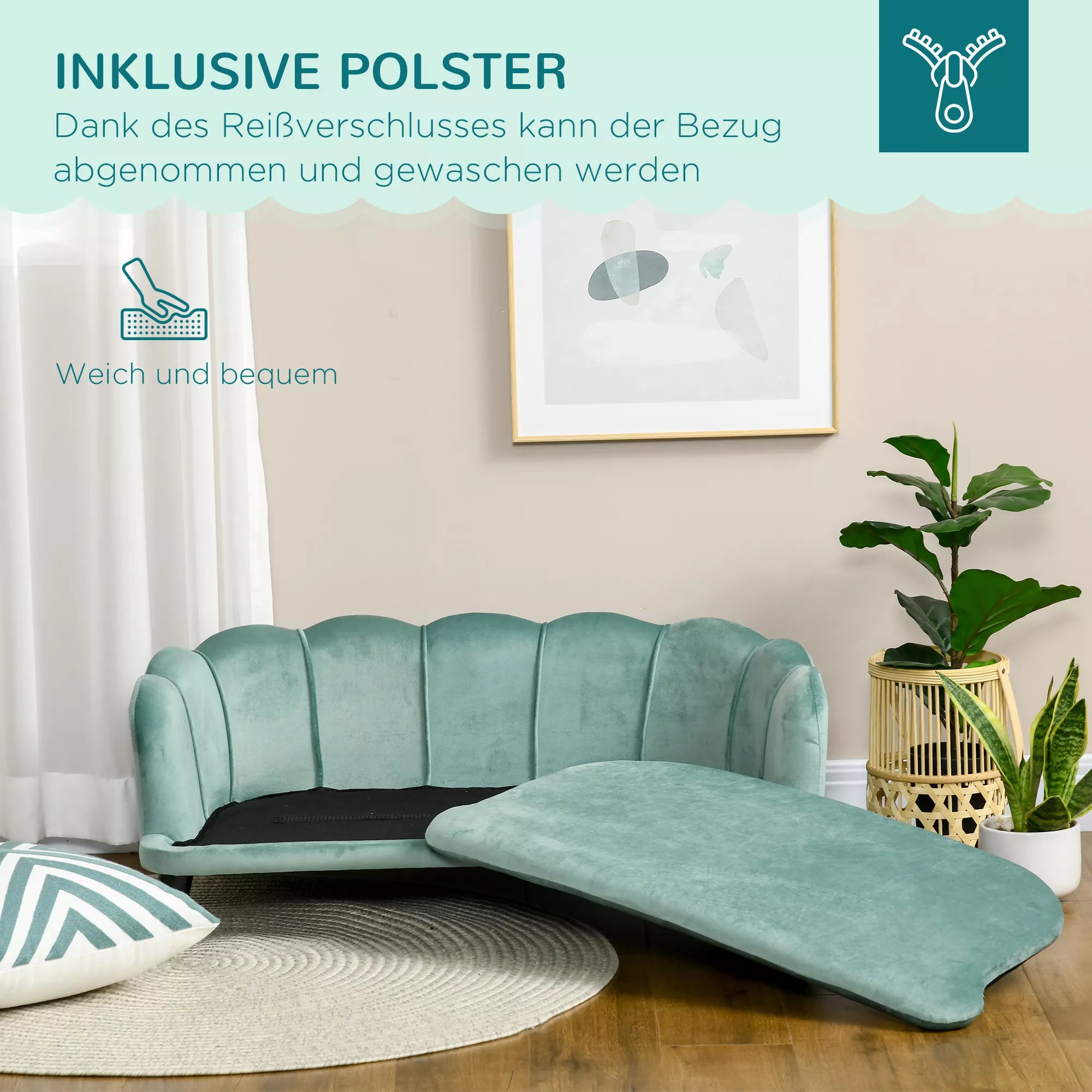 Šviesiai žalia gyvūnų sofa su nuimama pagalve ir užtrauktuku