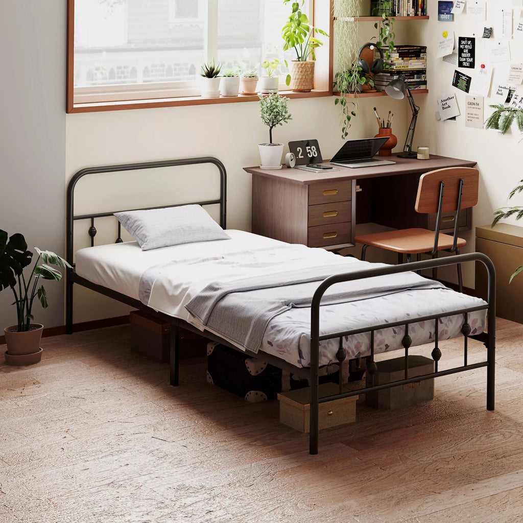 Viengulė metalinė lova 90x200 cm, iki 150 kg, juoda