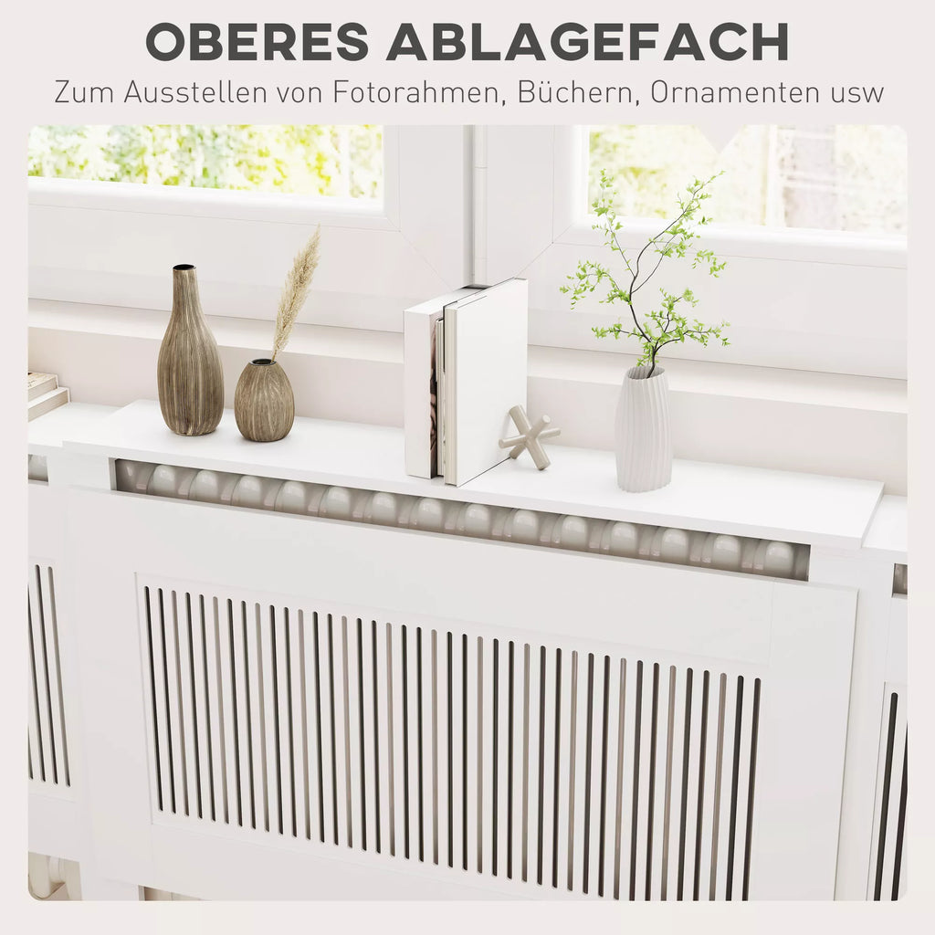 Radiatoriaus apdaila, lamelių dizainas, reguliuojamas ilgis 125–201 cm, MDF, balta