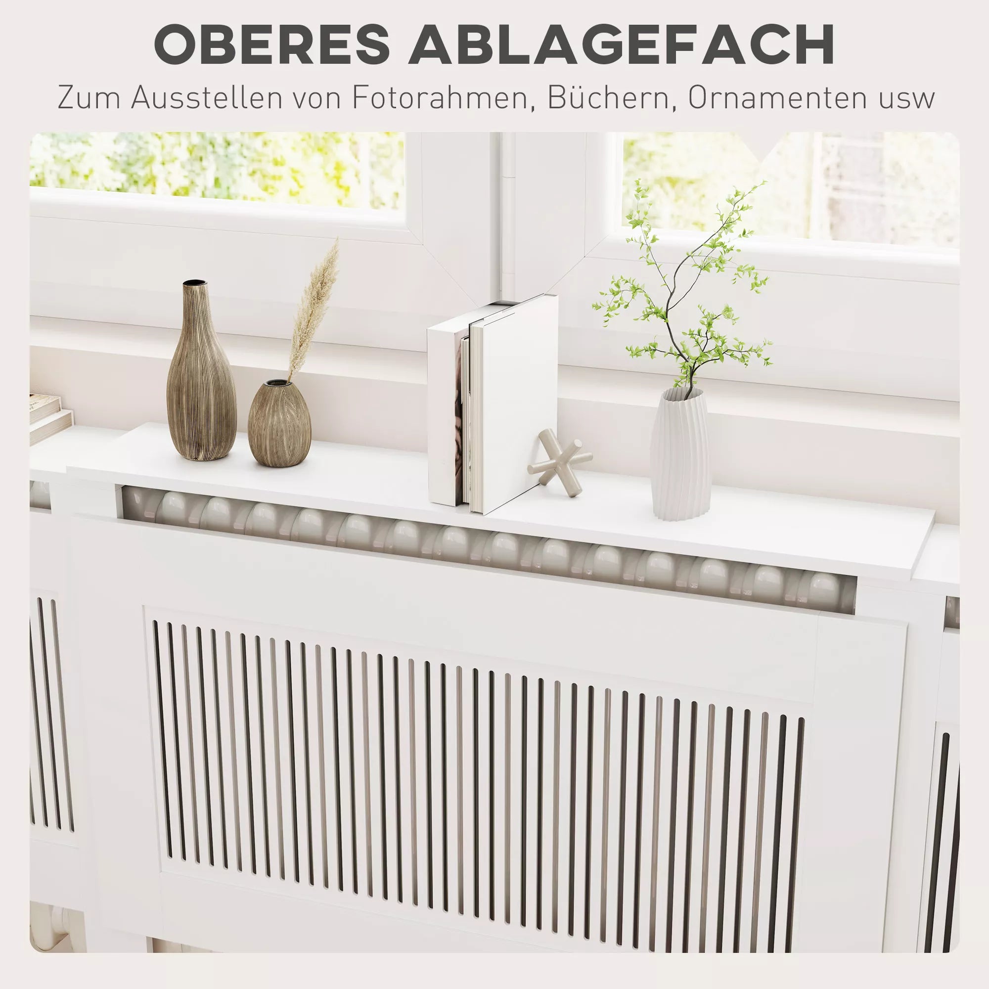 Radiatoriaus apdaila, lamelių dizainas, reguliuojamas ilgis 125–201 cm, MDF, balta