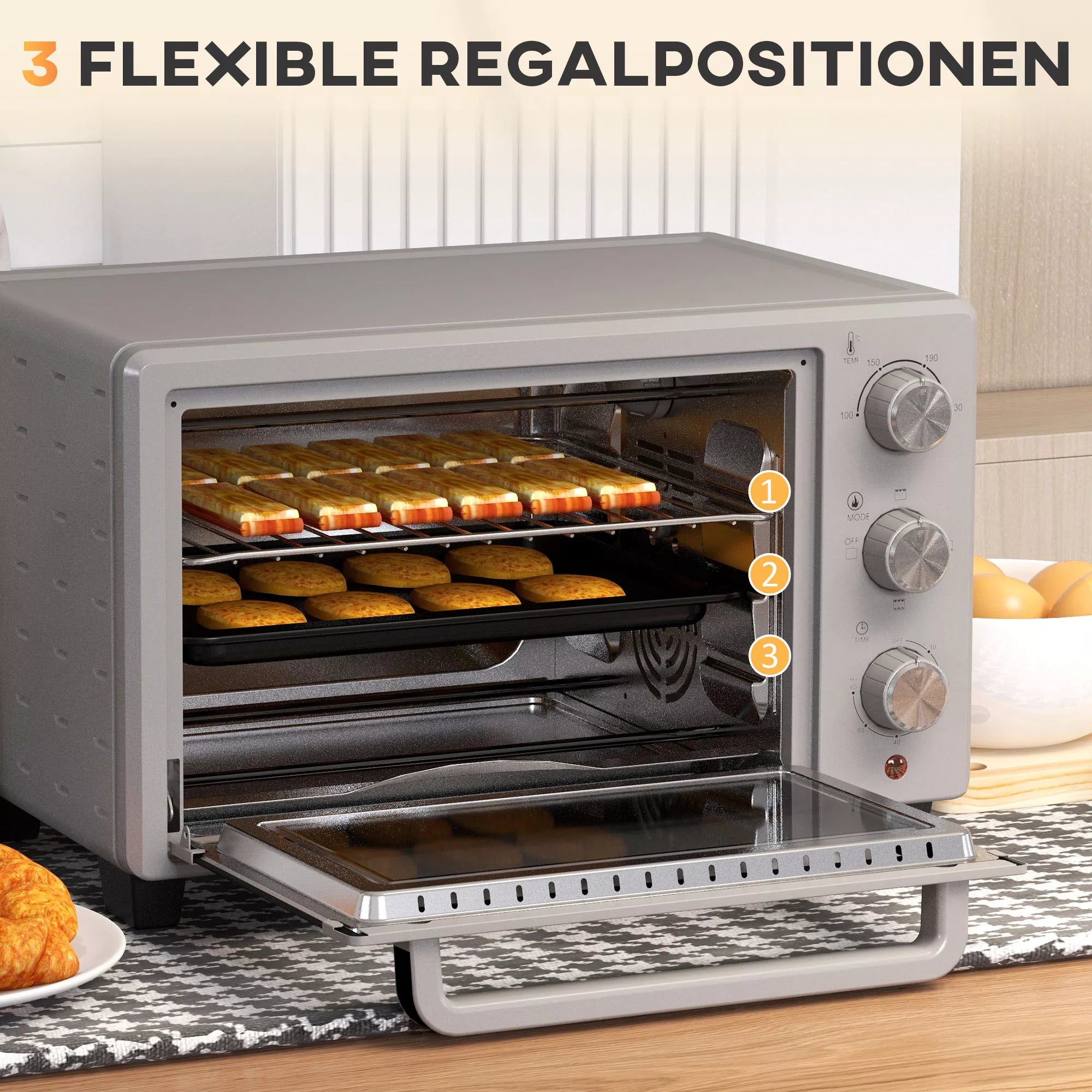 Mini orkaitė, 21 l Tosteris su 1 vieliniu grotelių rėmu ir 1 kepimo skarda, 3 kepimo režimai, 100 °C–230 °C, nerūdijantis plienas, stiklas, sidabras