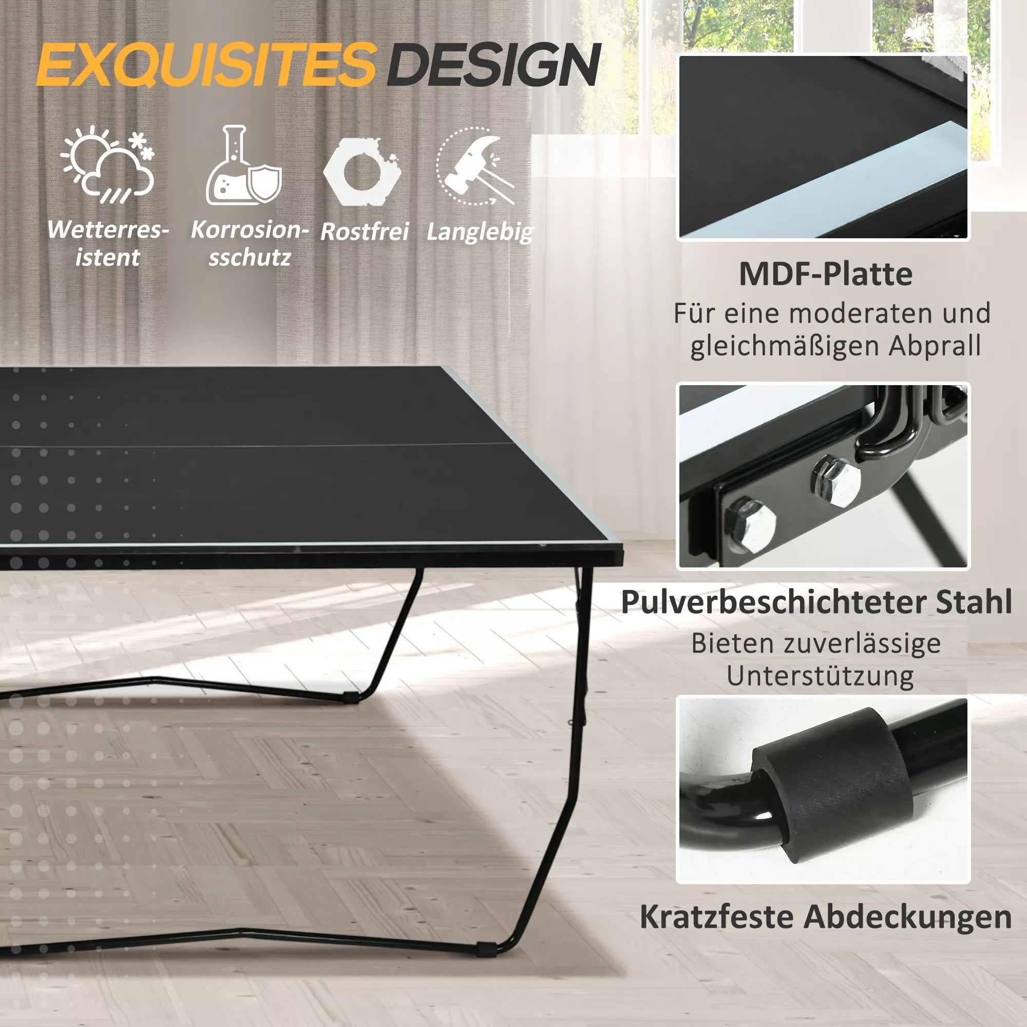 Stalo teniso stalas, sulankstomas, 8 ratai, milteliais dengtas plieninis rėmas, MDF, 274 x 152,5 x 76 cm, juodas