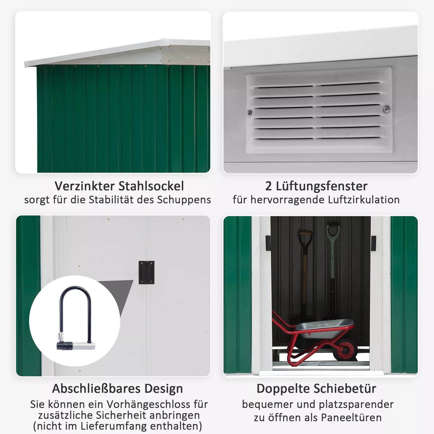 Metalo sodo namelis 6,3 m³ 280x130x172cm, įrankių namelis su nuožulniu stogu, stumdomosios durys, atsparus oro sąlygoms, lauko sodo namelis, lauko pavėsinė, spinta kiemui, laukui, antracito, tamsiai žalios spalvos