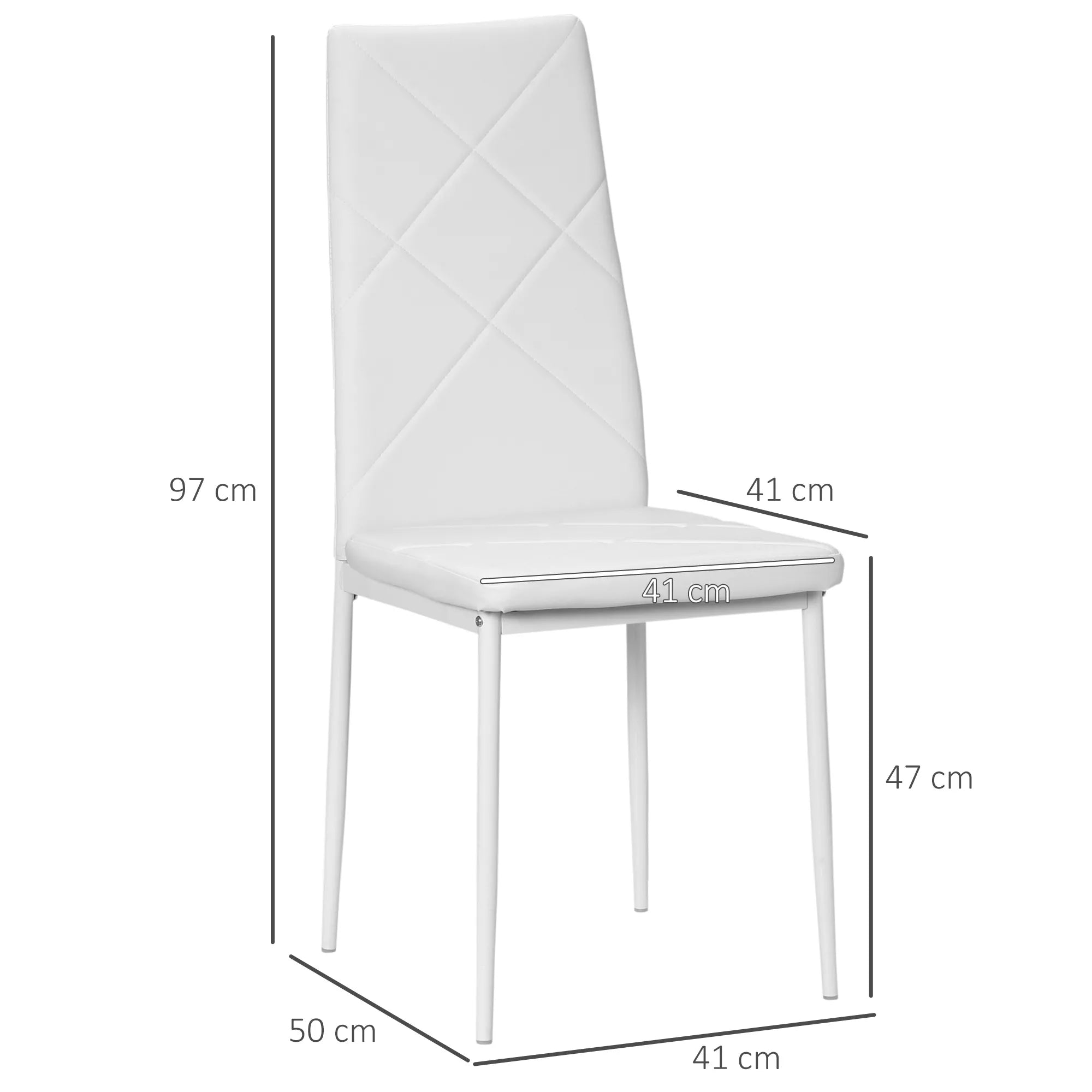 Baltos valgomojo kėdės schema su matmenimis 97, 50 ir 41 cm