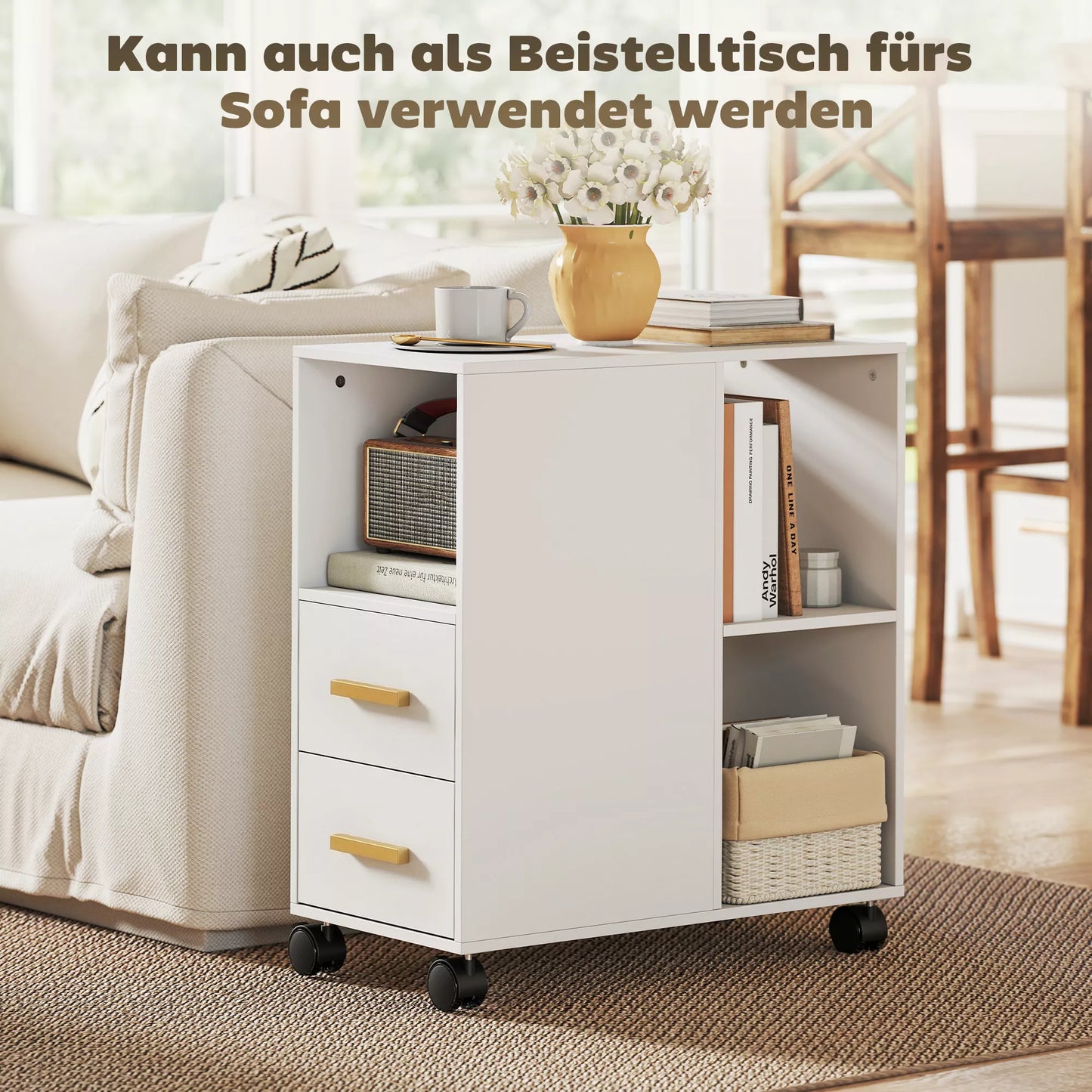 Spausdintuvo staliukas su reguliuojama lentyna, biuro stovas ant ratukų faksui ir skeneriui, mdf ir metalas, 60x30x65 cm, balta