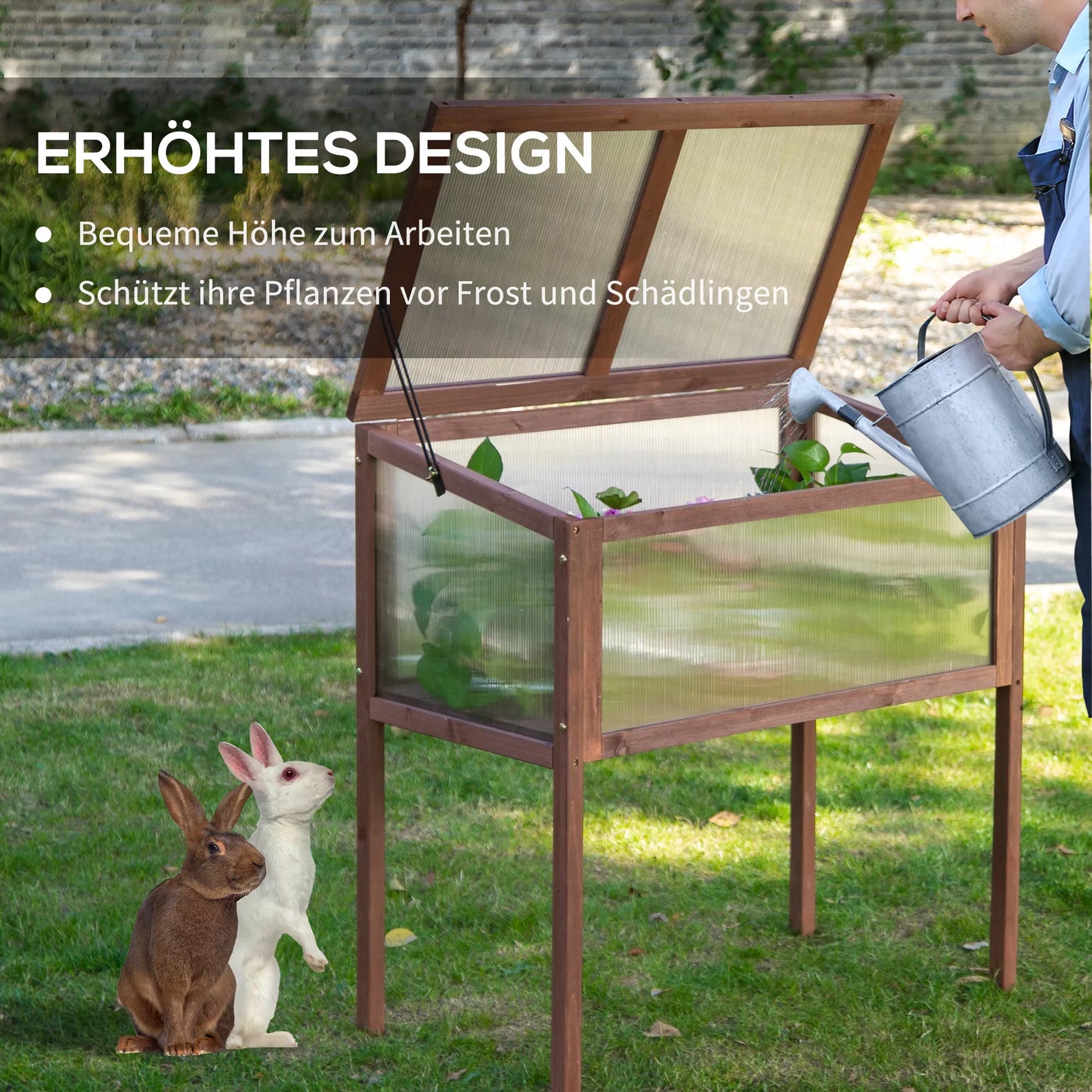 Medinis pakeltas lysvas/šiltnamis, 90 x 50 x 93 cm, auginimo stalas su dangčiu, atsparus oro sąlygoms, prieskoninių žolelių lysvė, sodinimo dėžė sodui, balkonui ir terasai, rudas