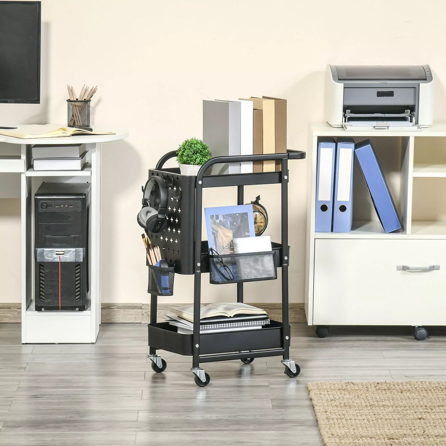 Virtuvės vežimėlis su perforuota lenta, rankšluosčių laikikliu, laikymo krepšiais, juodas