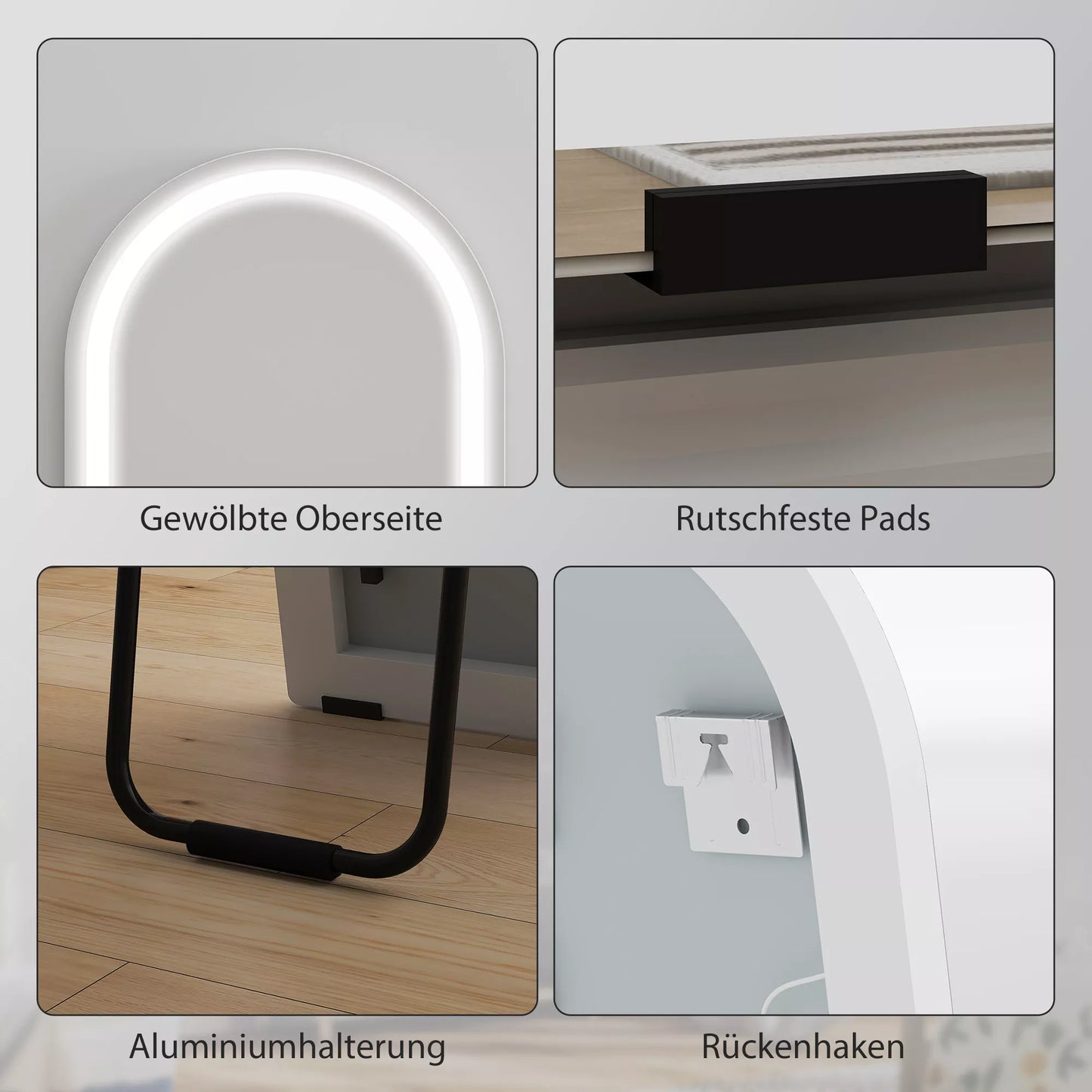 Visą kūną atspindintis veidrodis su LED lemputėmis, 150 x 40 cm, lenkto pavidalo, reguliuojamas apšvietimas, 3 šviesos spalvos, stovintis arba montuojamas ant sienos, baltas