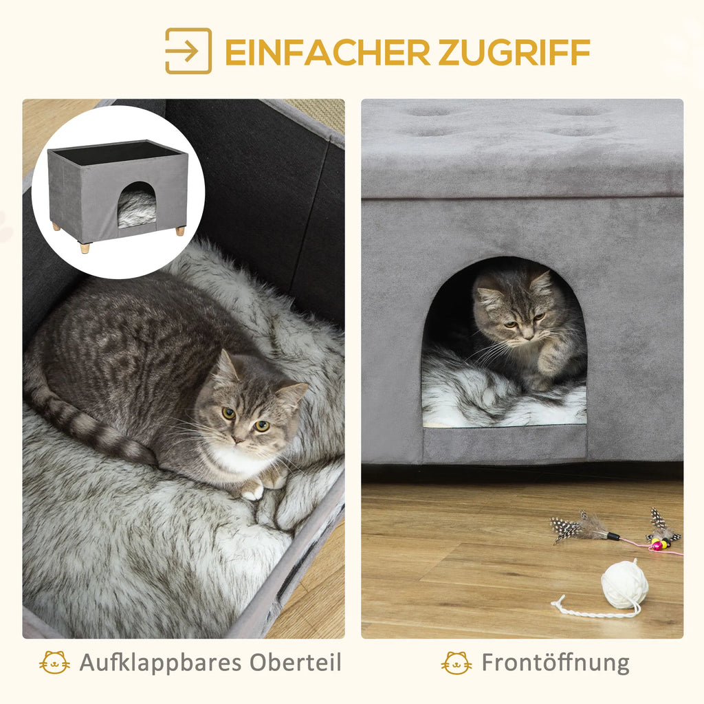 2-IN-1 kačių guolis - pufas su pagalvėle, medinės kojos, katės namelis, katės krepšys, minkštai paminkštintas, elegantiško dizaino, nuimamas, MDF, pliušas, pilkas, 60 x 45 x 44,5 cm
