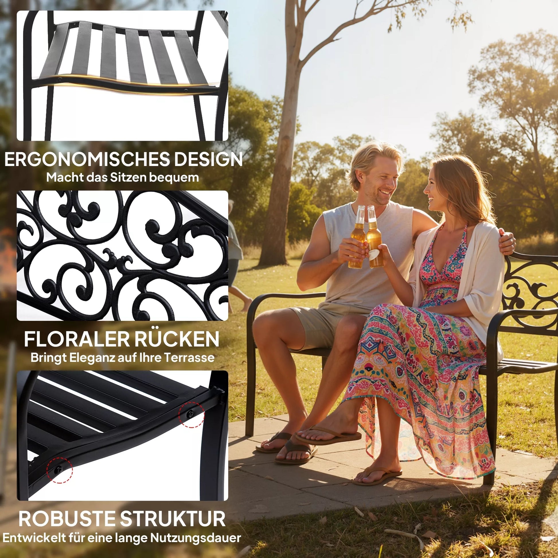 2-vietė sodo suolelė Parko suolelė su ištraukiamu stalu Suolelis Suolelis, kurio apkrova 240 kg Terasos suolelis su atlošais ir porankiais Sodo baldai terasai, sodui, lauko erdvėms 150x58,5x90 cm Juoda