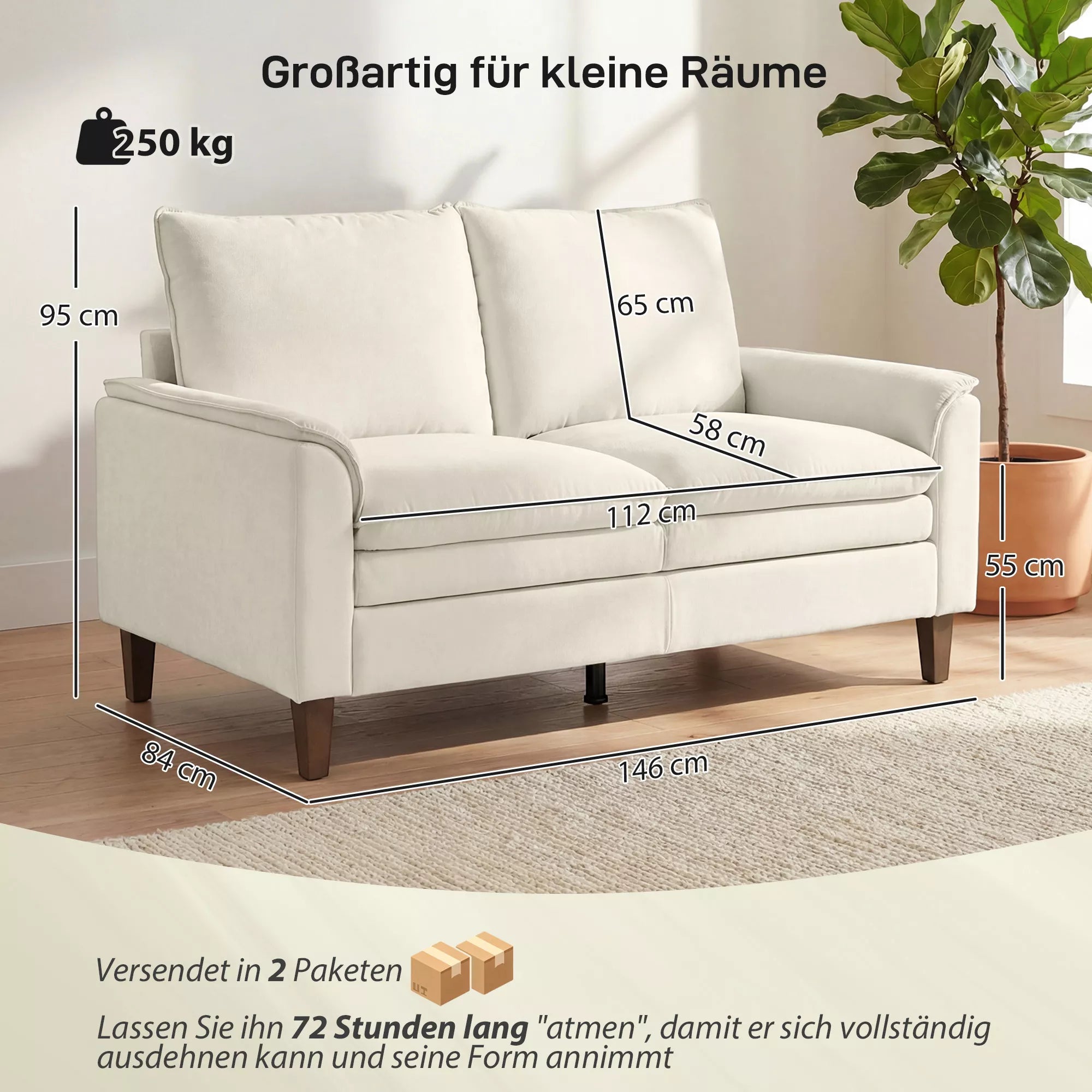 146 cm dvivietė sofa, šenilinė sofa su dviguba paminkštinimo sluoksniu, spyruoklinėmis pagalvėmis, gilia sėdimoji dalimi, aukšta atlošo dalimi, kreminės spalvos