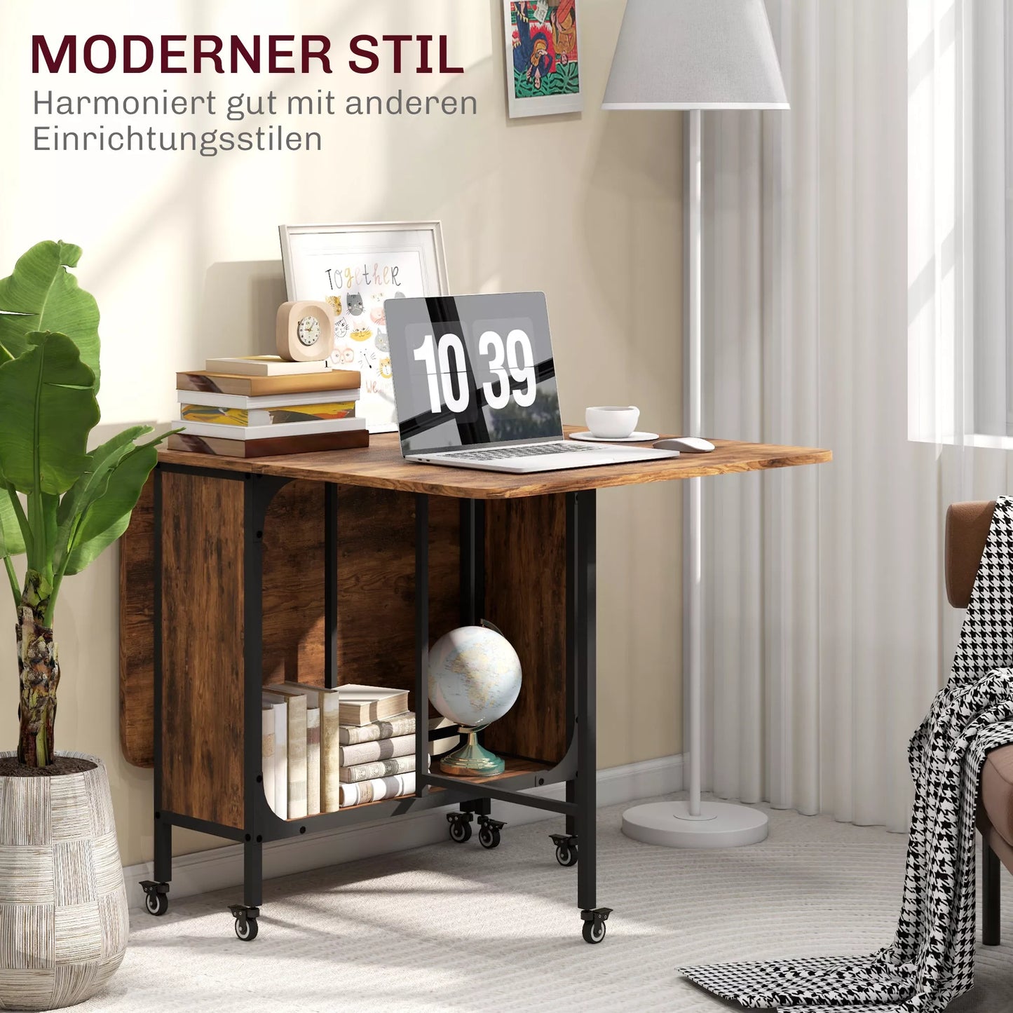 Sulankstomas valgomojo stalas, Mobilus sulankstomas stalas 6 žmonėms, su lentyna, atlaiko iki 50 kg, 130 x 80 x 74 cm, raudonai rudos spalvos