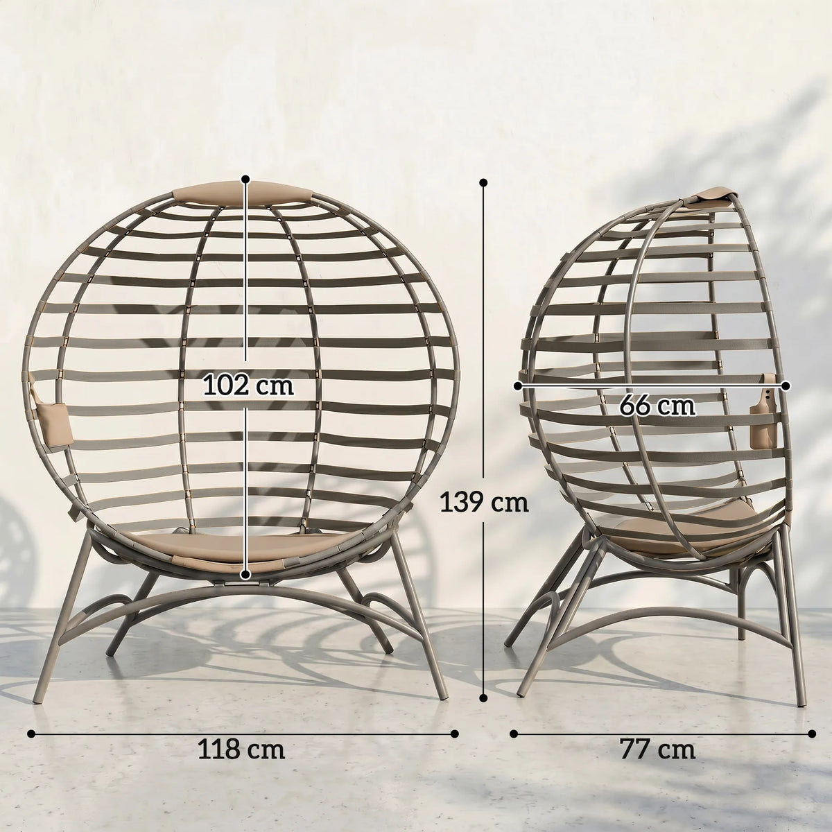 Ovalus lauko krėslas su pagalvėmis, iki 120 kg, smėlio spalvos