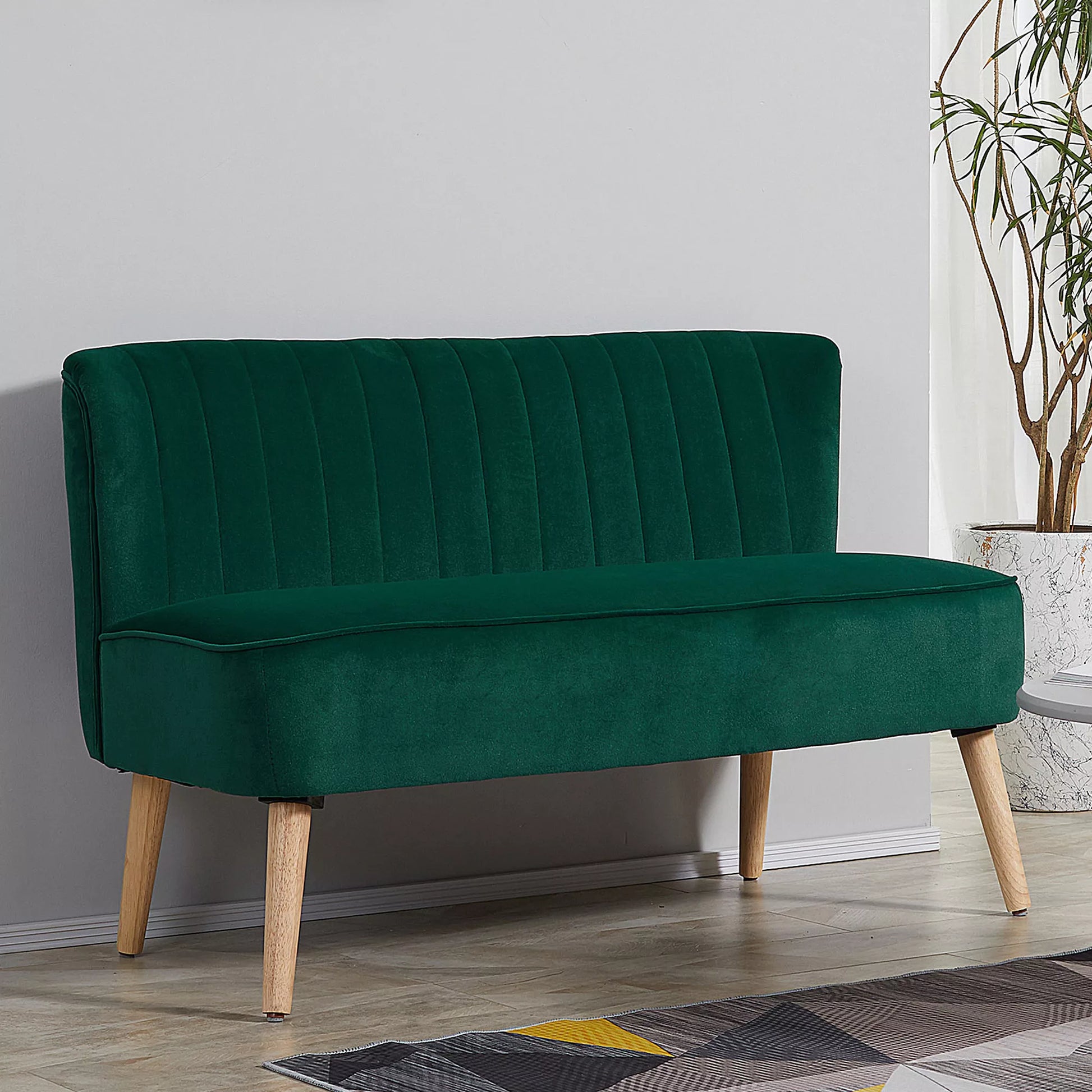 Sofa Retrodesign 2-vietė sofa, medinės kojos, 117 cm x 56,5 cm x 77 cm, tamsiai žalia