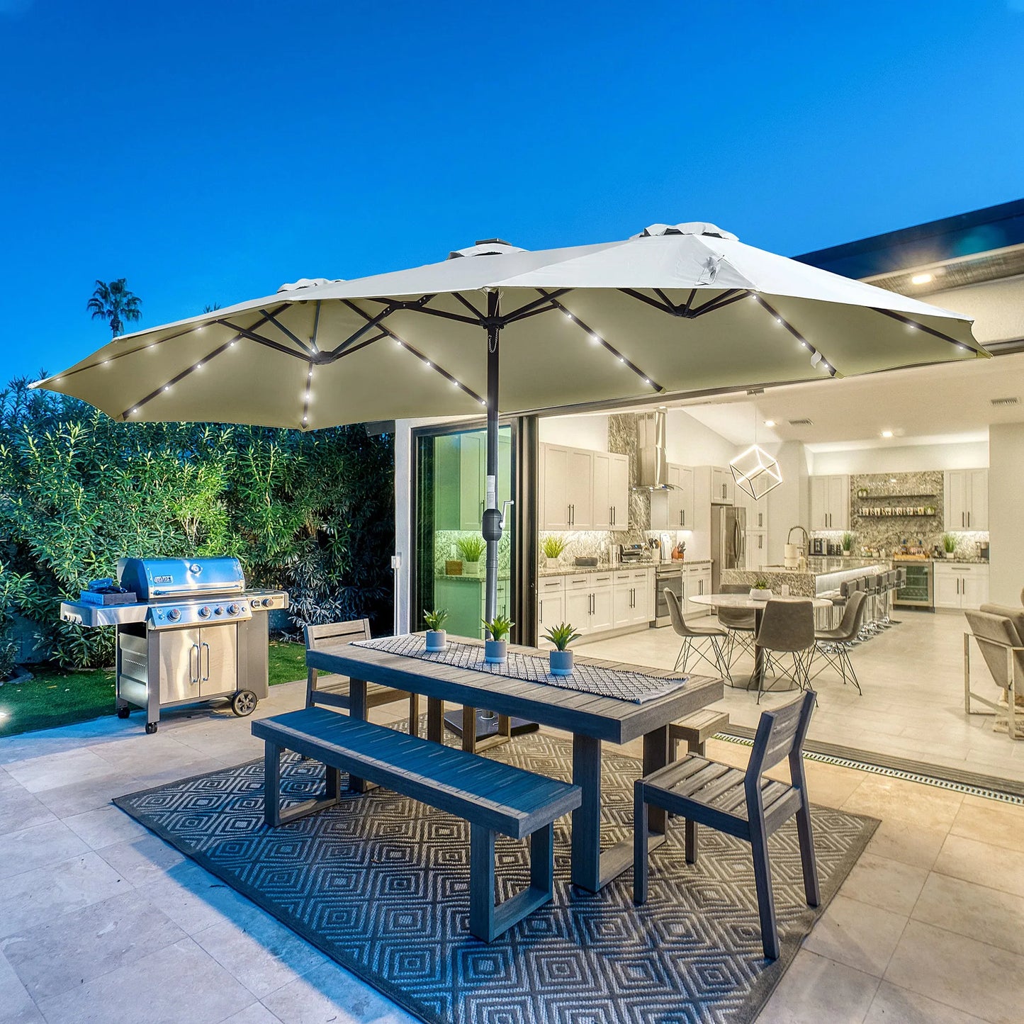 Saulės skėtis su LED saulės moduliu 4,5m, dvigubas sodo/terasos skėtis, ovalus, šviesiai pilkas+juodas