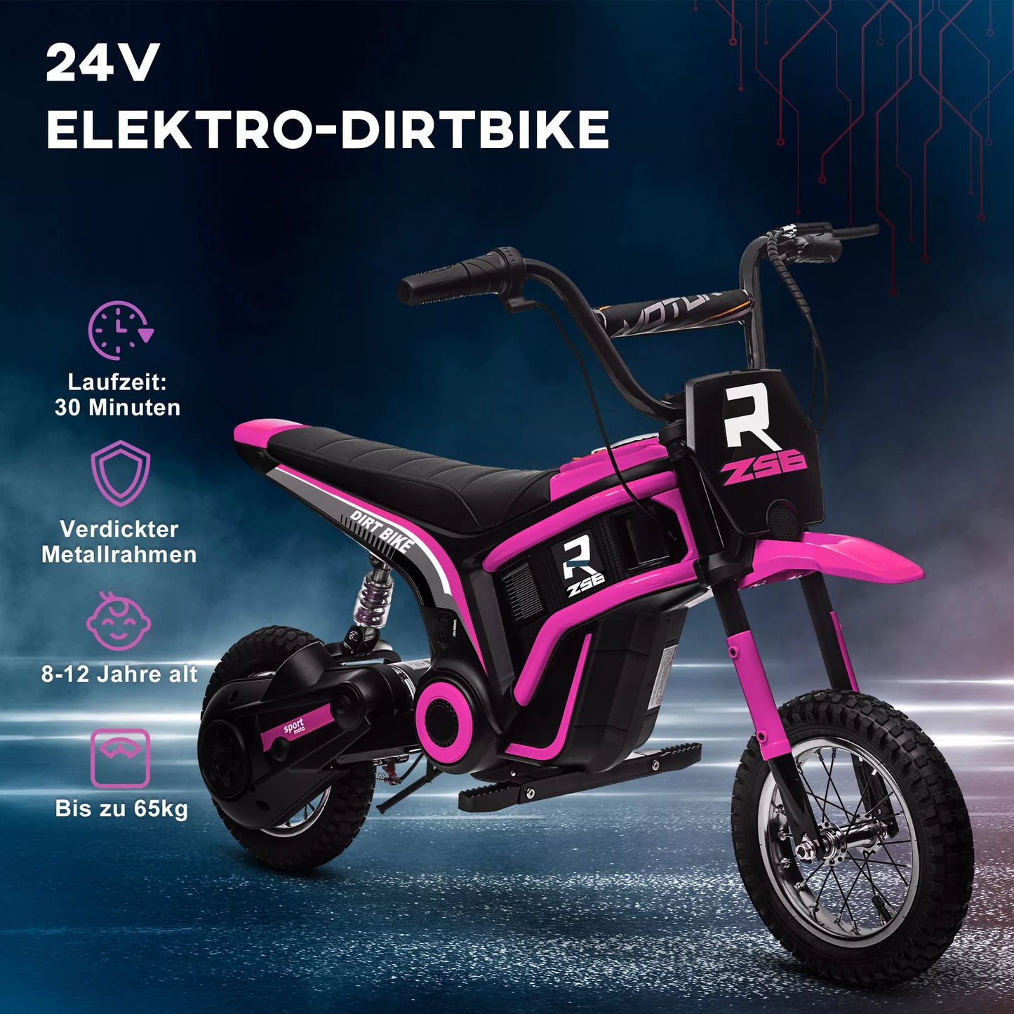 Elektrinis motociklas vaikams, 24V vaikiškas motociklas su garsiniu signalu, šviesomis, su sukamojo tipo droseline svirtele, 8-16 km/h, 8-12 metų, Rožinis