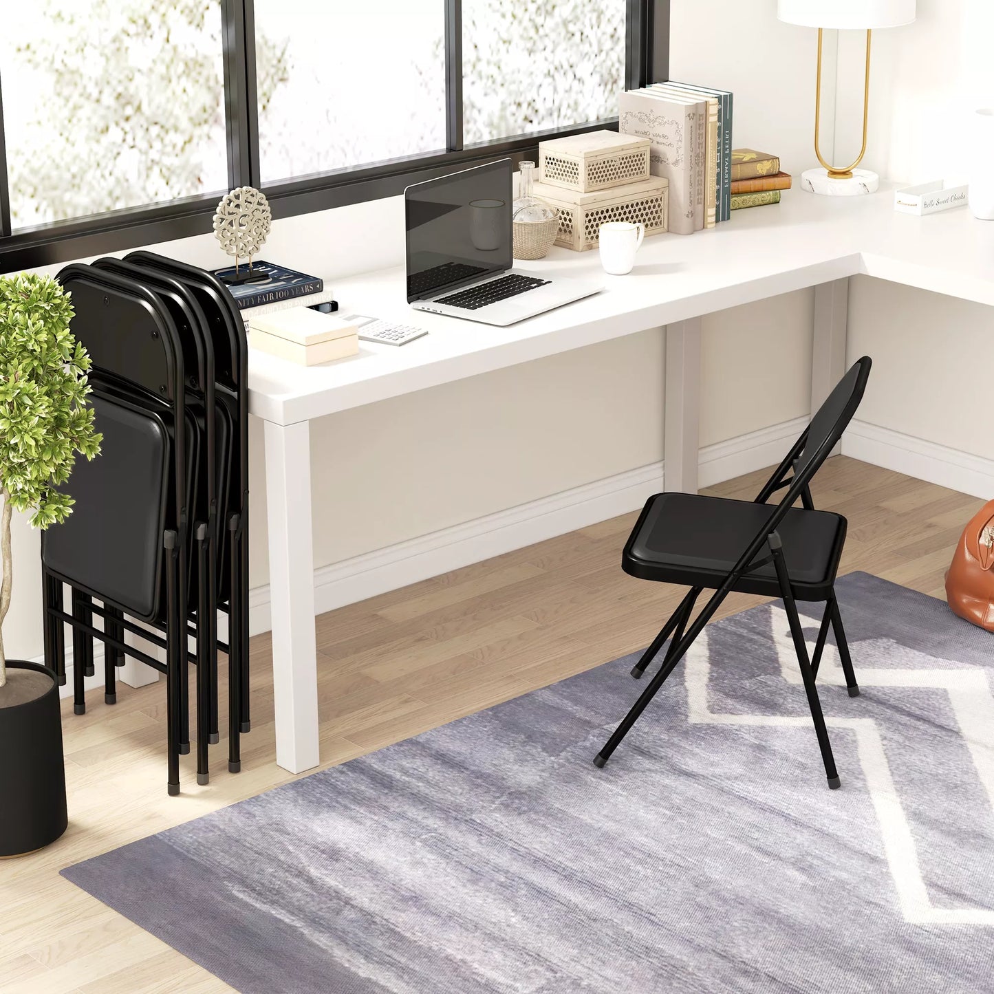 4 vnt. sulankstomų kėdžių komplektas, Nešiojamos biuro kėdės, Metalinės kojelės, Sulankstoma kėdė biurui, priėmimui, laukiamajam, Dirbtinė oda, Juoda