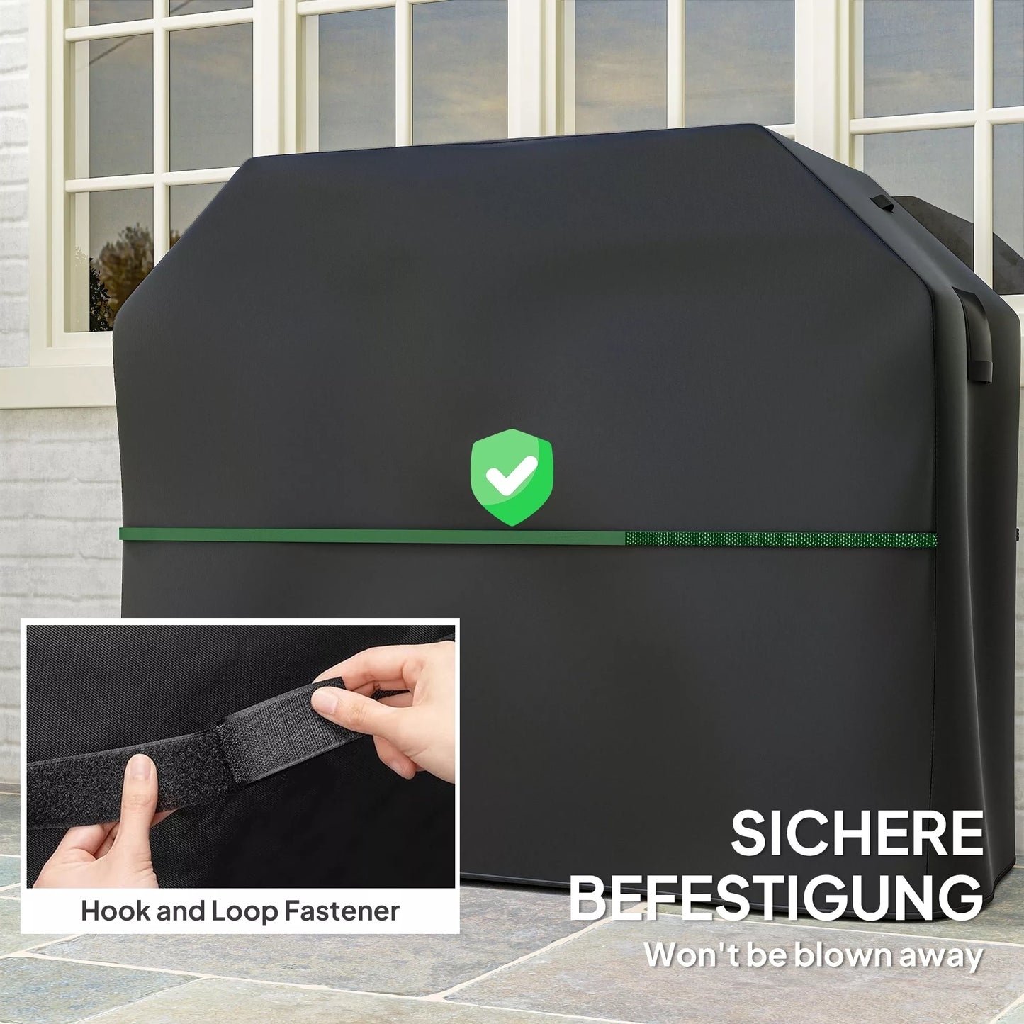 Juodas lauko grilio uždangalas su Velcro užsegimais, 147 x 61 x 122 cm