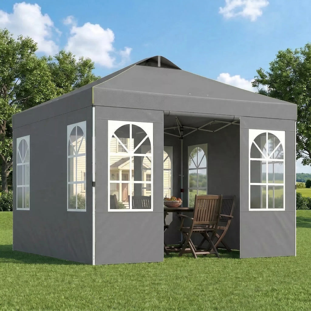 Paviljonas 3x3 m, atsparus vandeniui, stabilus, atsparus žiemai, išskleidžiamas, surenkamas vienu mygtuko paspaudimu, UV 50+, tamsiai pilkos spalvos