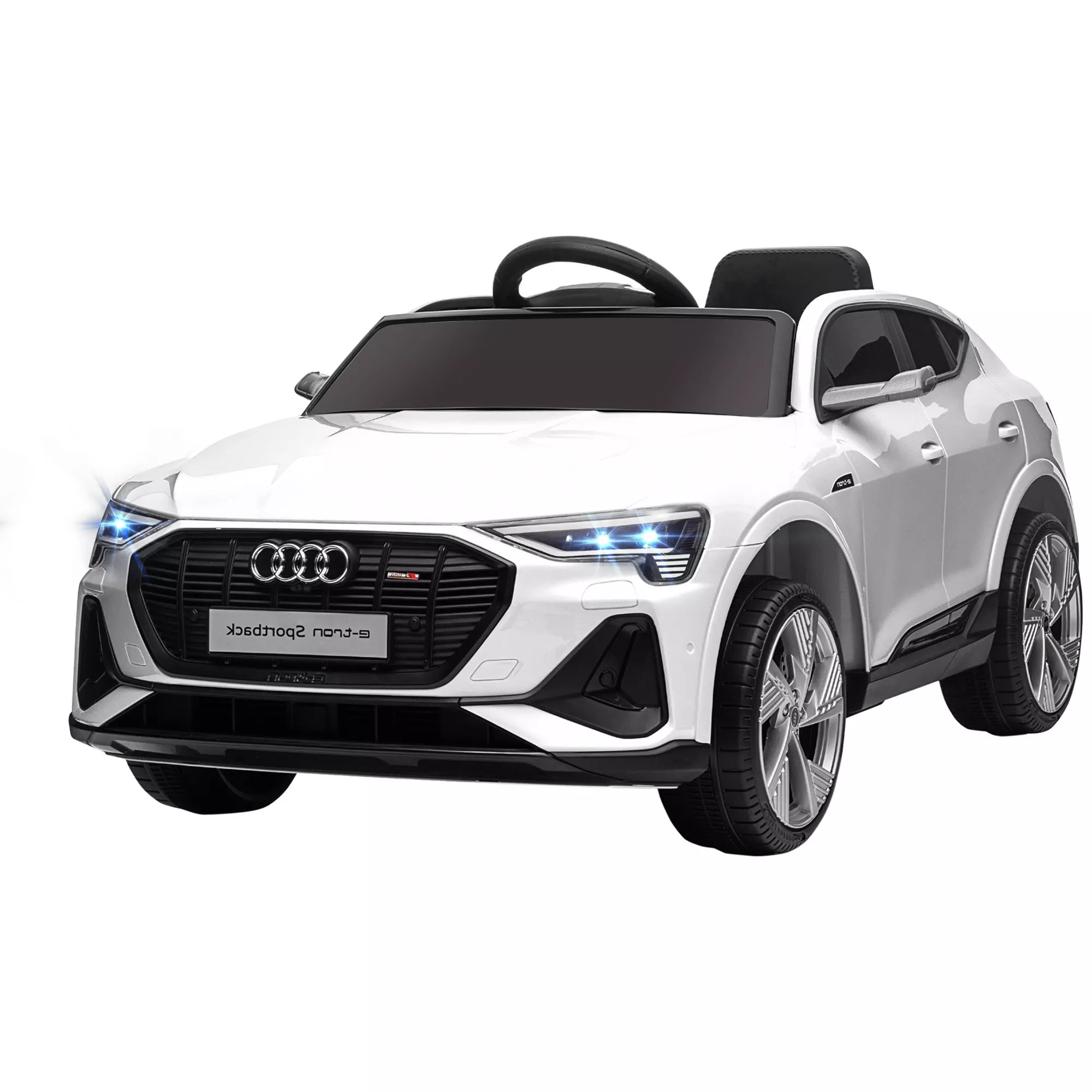 Baltas vaikų elektrinis Audi automobilis su atidaromomis durelėmis