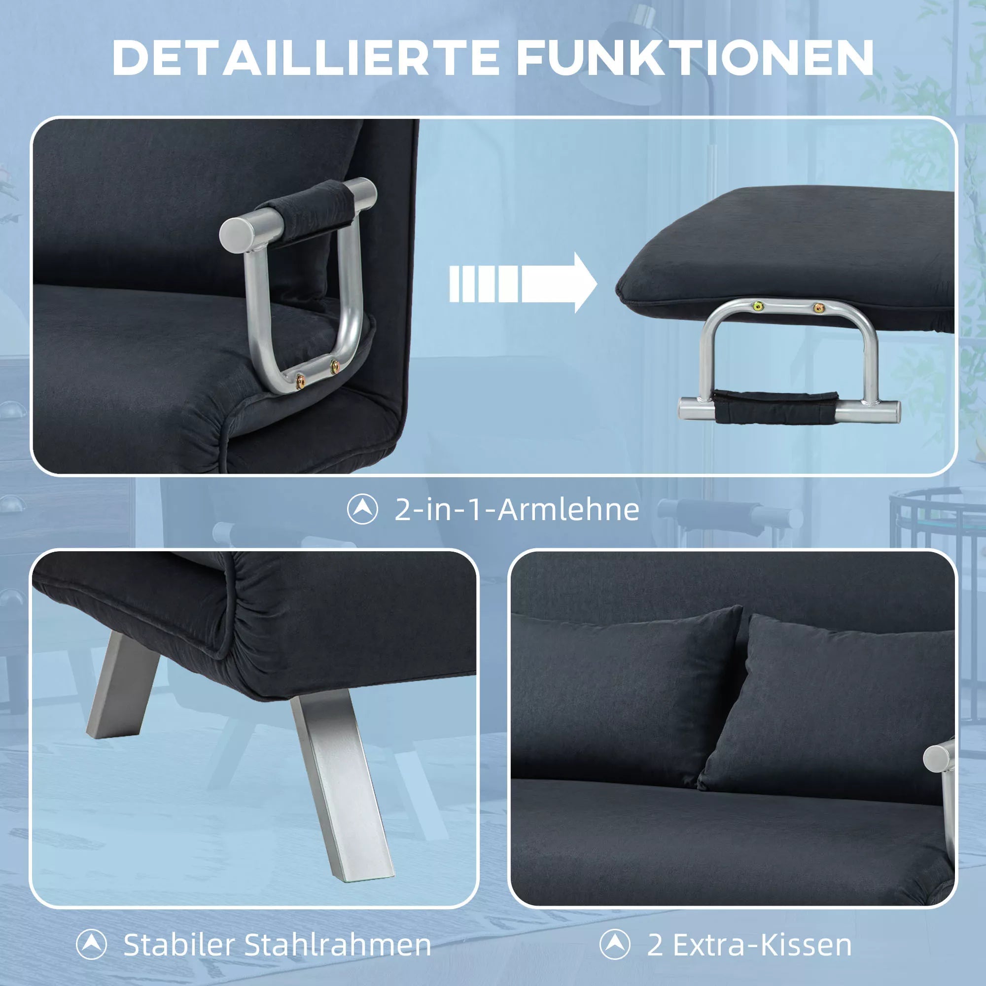 Miegamoji sofa, 5 padėčių reguliuojama, dirbtinio zomšo, plieninis rėmas, su pagalvėlėmis, juodos spalvos