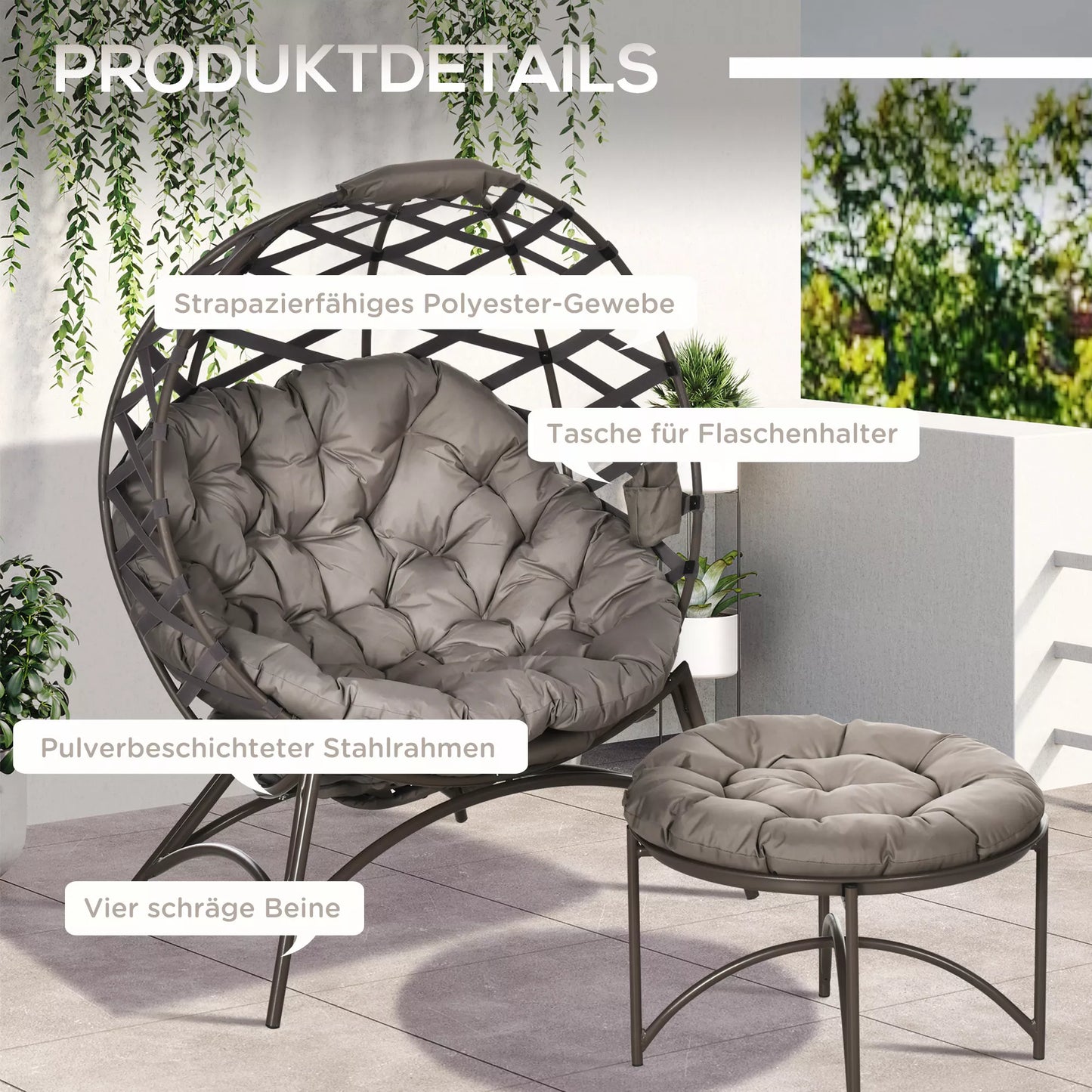 Sodo kėdžių komplektas, 2 vnt., pufas/pagalbinis staliukas, didelė sėdimoji pagalvėlė, plieninis rėmas, spalva: smėlio, 118 x 75 x 142 cm