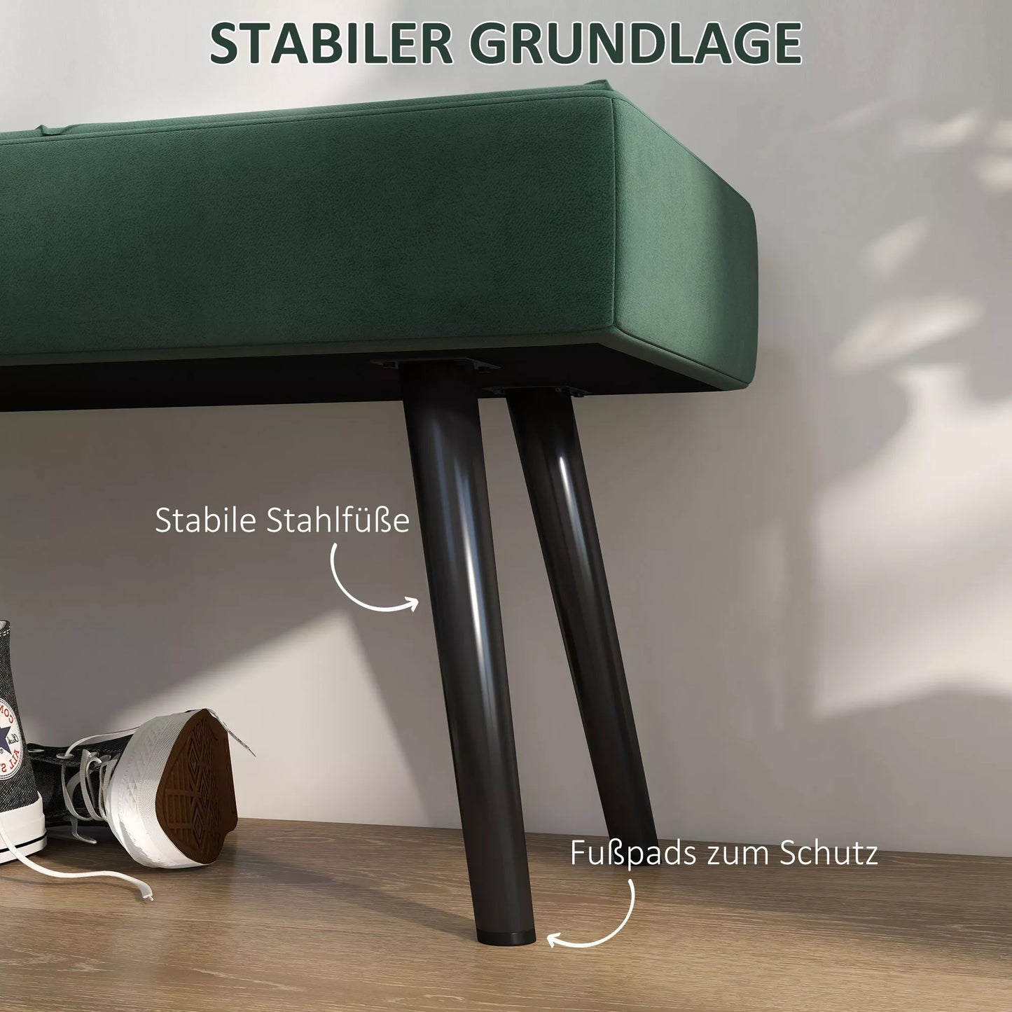 Sėdimasis suoliukas, minkštas suoliukas, suoliukas prie lovos, zomšo išvaizda, 100 x 36 x 45 cm, žalias