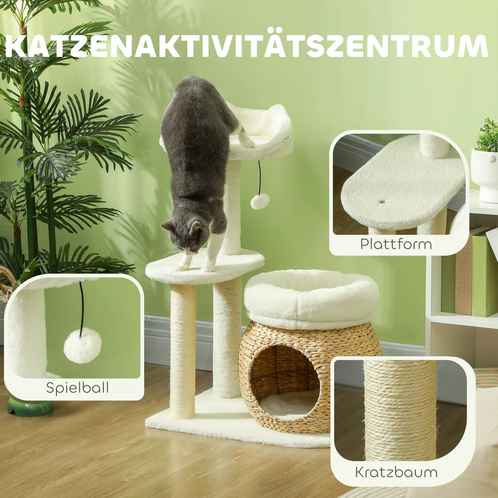 Kratas su katės urvu, žaisliniu kamuoliu ir platforma, nendrė/sizalis, iki 10 kg, 60 x 40 x 79 cm, kreminė balta