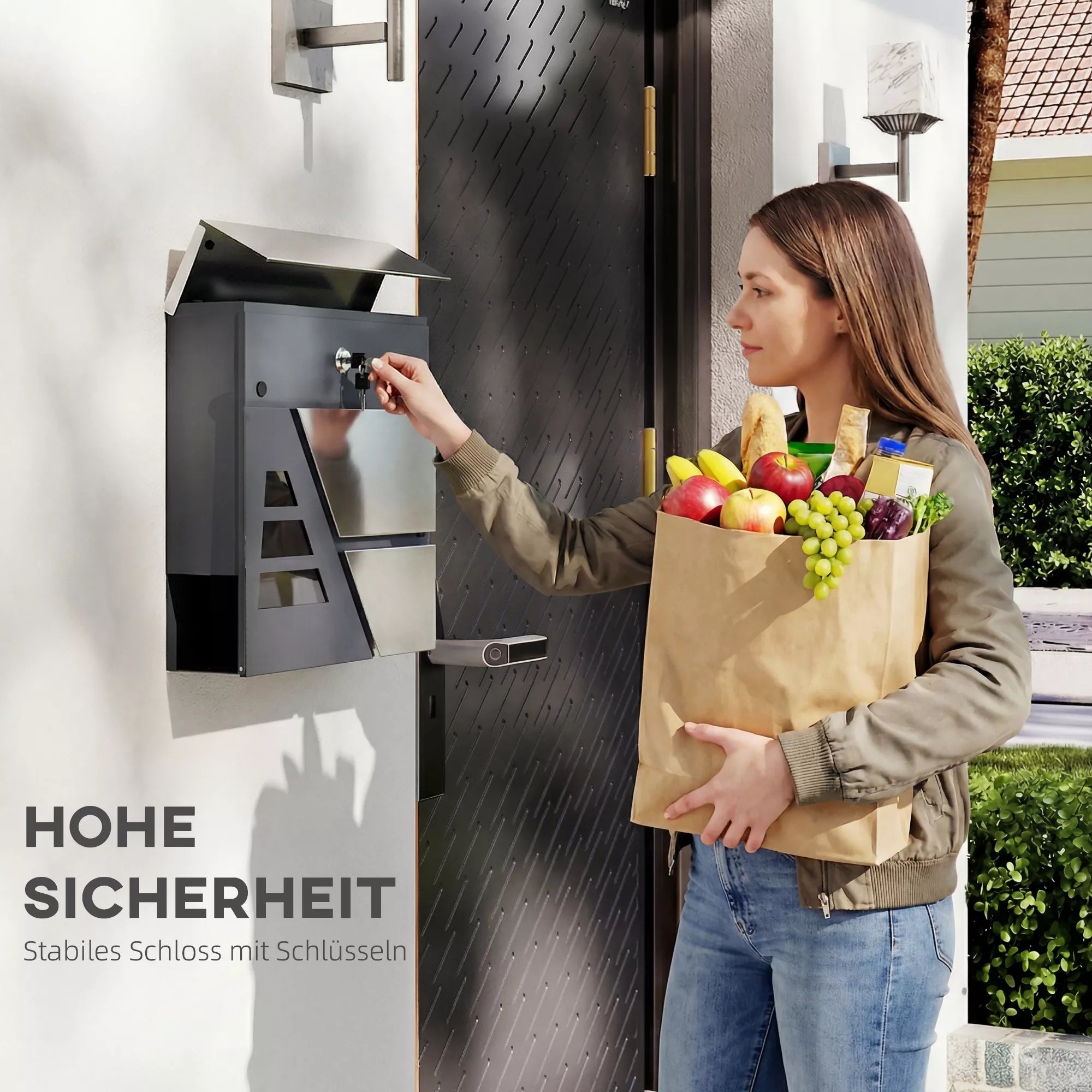 Pašto dėžutė, montuojama ant sienos, atspari atmosferos poveikiui, su laikraštų laikikliu ir 2 raktais, skirta montuoti ant išorinės sienos, tamsiai pilkos spalvos