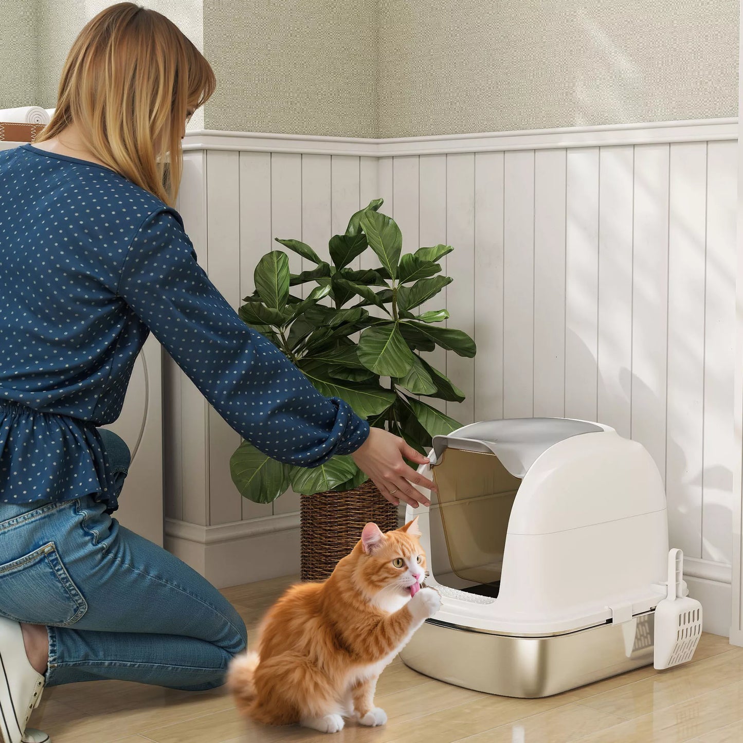 Katės tualetas iš nerūdijančio plieno su dangčiu, katės tualetas su vonele, kastuvėlis, skirtas katėms, sveriančioms mažiau nei 5 kg, 52,4 x 41,3 x 42 cm, baltas