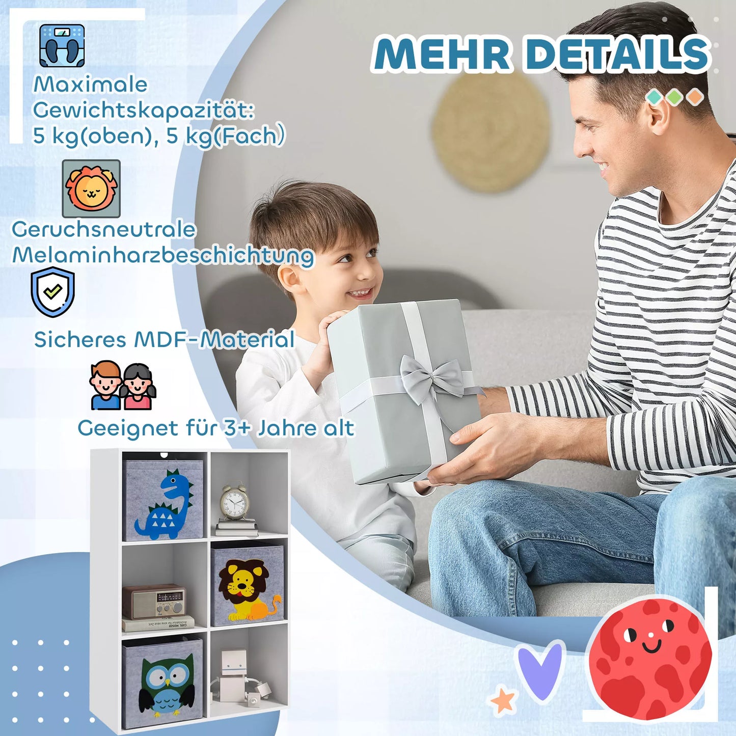 Vaikų daiktų laikymo lentynos, kubai, stalčiai, MDF, apsauga nuo apvirsties, balta