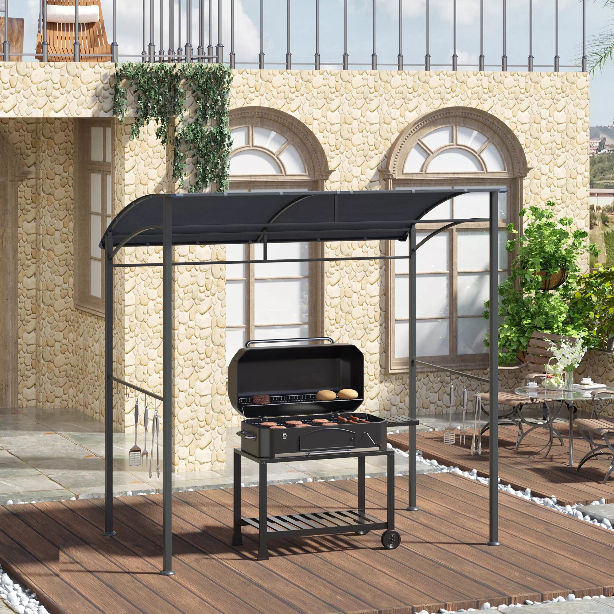 Grill paviljonas, grill stogas, apsauga nuo lietaus, kabliai įrankiams, plieninis rėmas, pilkos spalvos, 215 x 150 x 174/220 cm