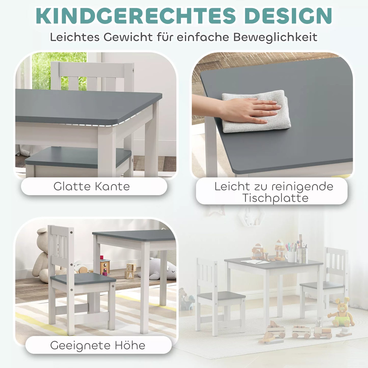 Vaikų stalas su 2 kėdėmis, 3 dalių vaikų sėdimųjų baldų komplektas, sėdimųjų baldų komplektas vaikams, vaikų baldai, 56 x 52 x 48 cm, pilkos spalvos